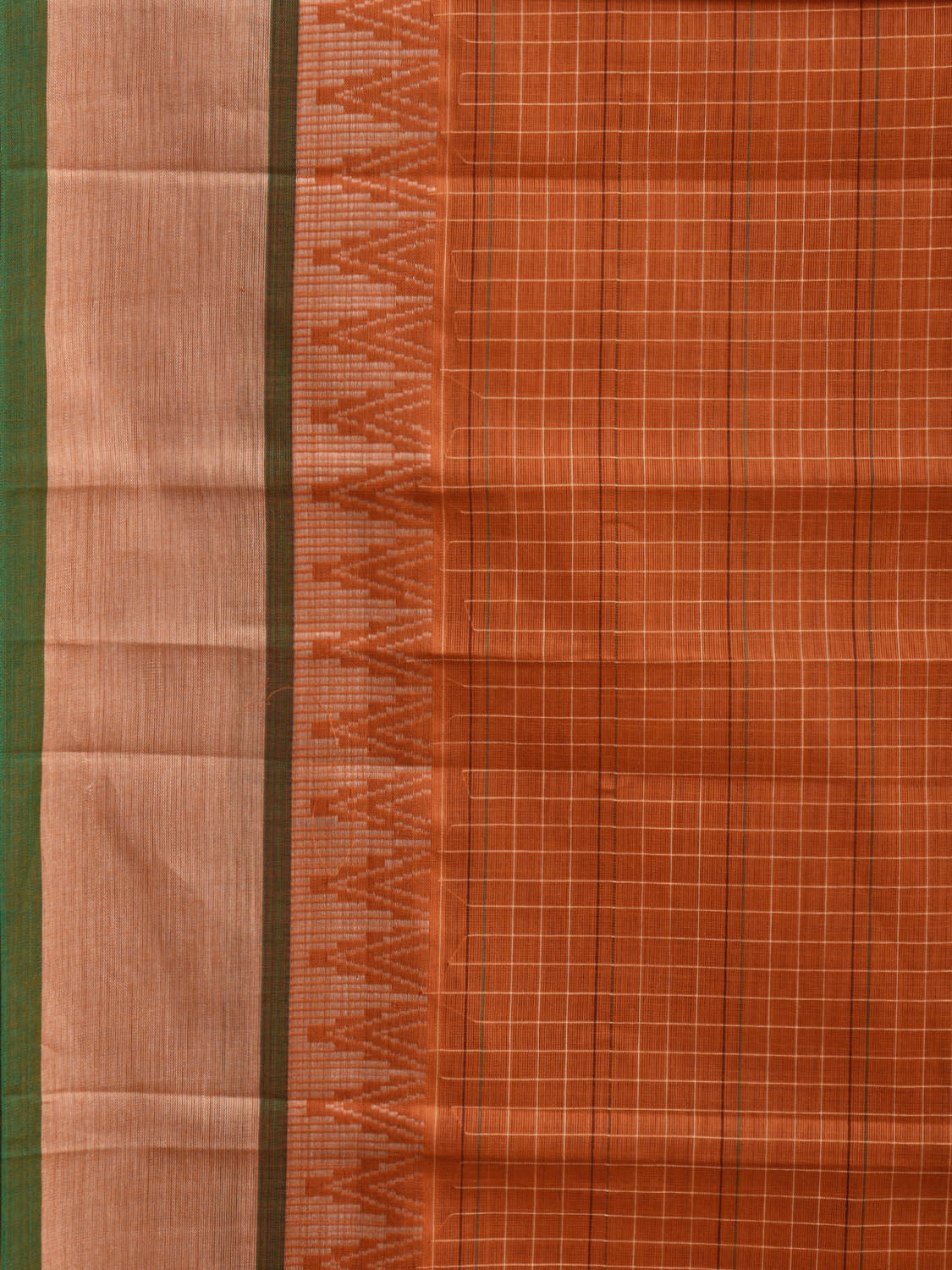 Orange and Green Narayanpet Cotton Saree with Checks and Temple Border Design No Blouse np1498