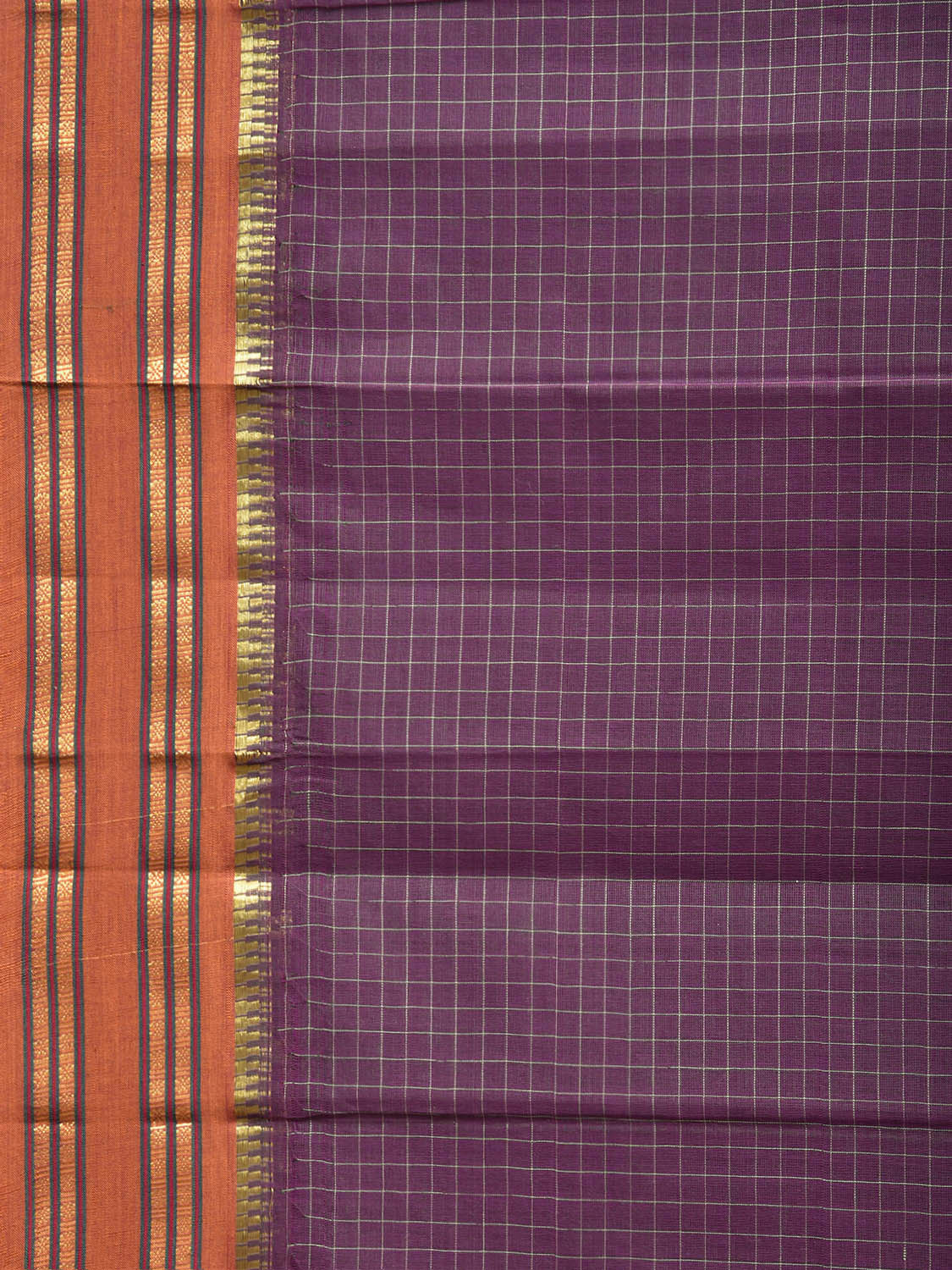 Purple and Orange Narayanpet Cotton Saree with Checks Design No Blouse np1535