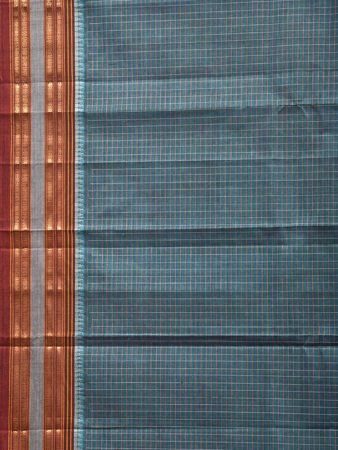 Teal and Dark Red Narayanpet Cotton Saree with Checks Design No Blouse np1537