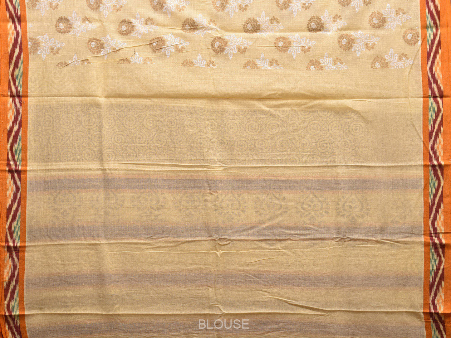 Cream and Orange Cotton Saree with Ikat Border and Khadi Print Design o0476