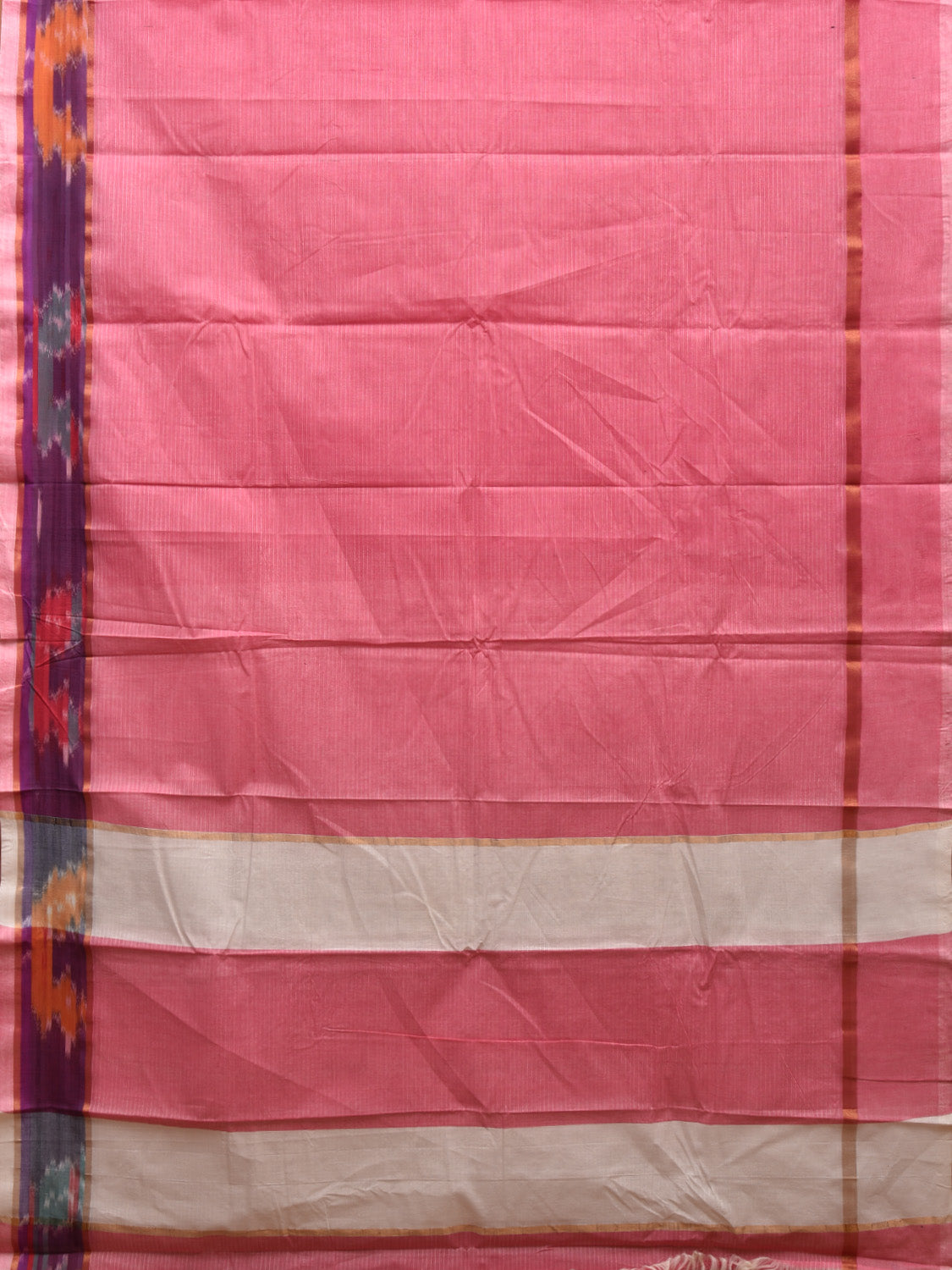 Baby Pink Cotton Saree with Strips and One Side Ikat Border Design o0479