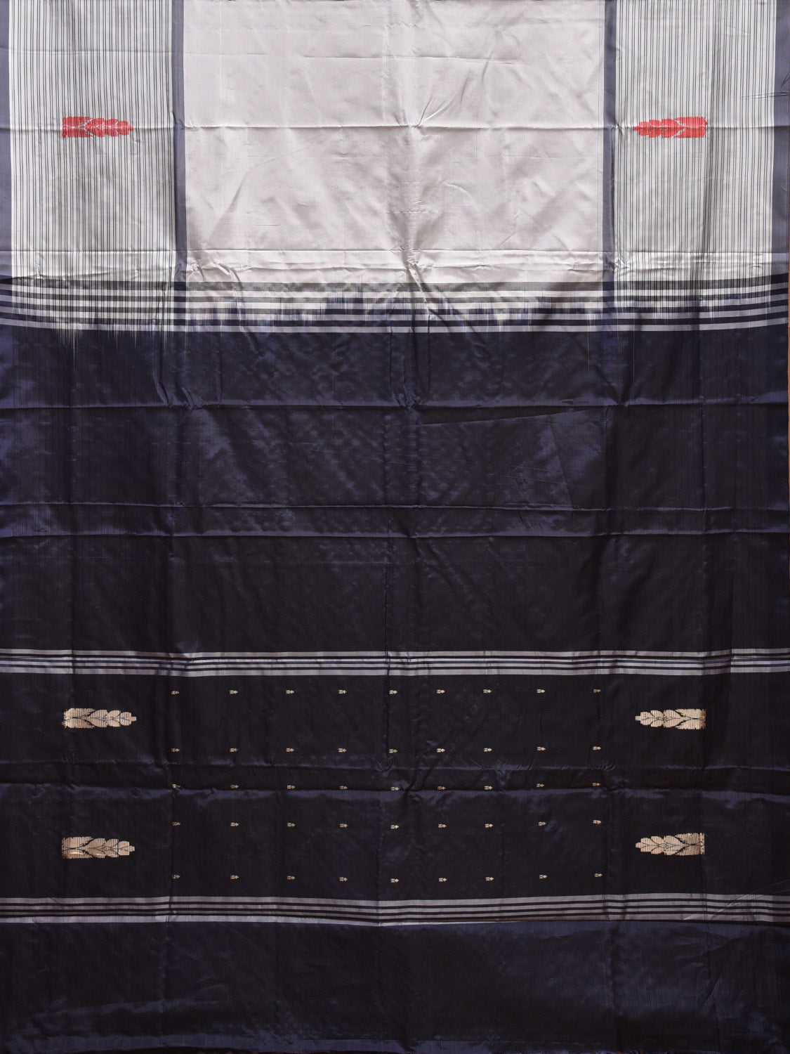 White and Black Banana Silk Saree with Strips Border and Contrast Pallu Design o0485