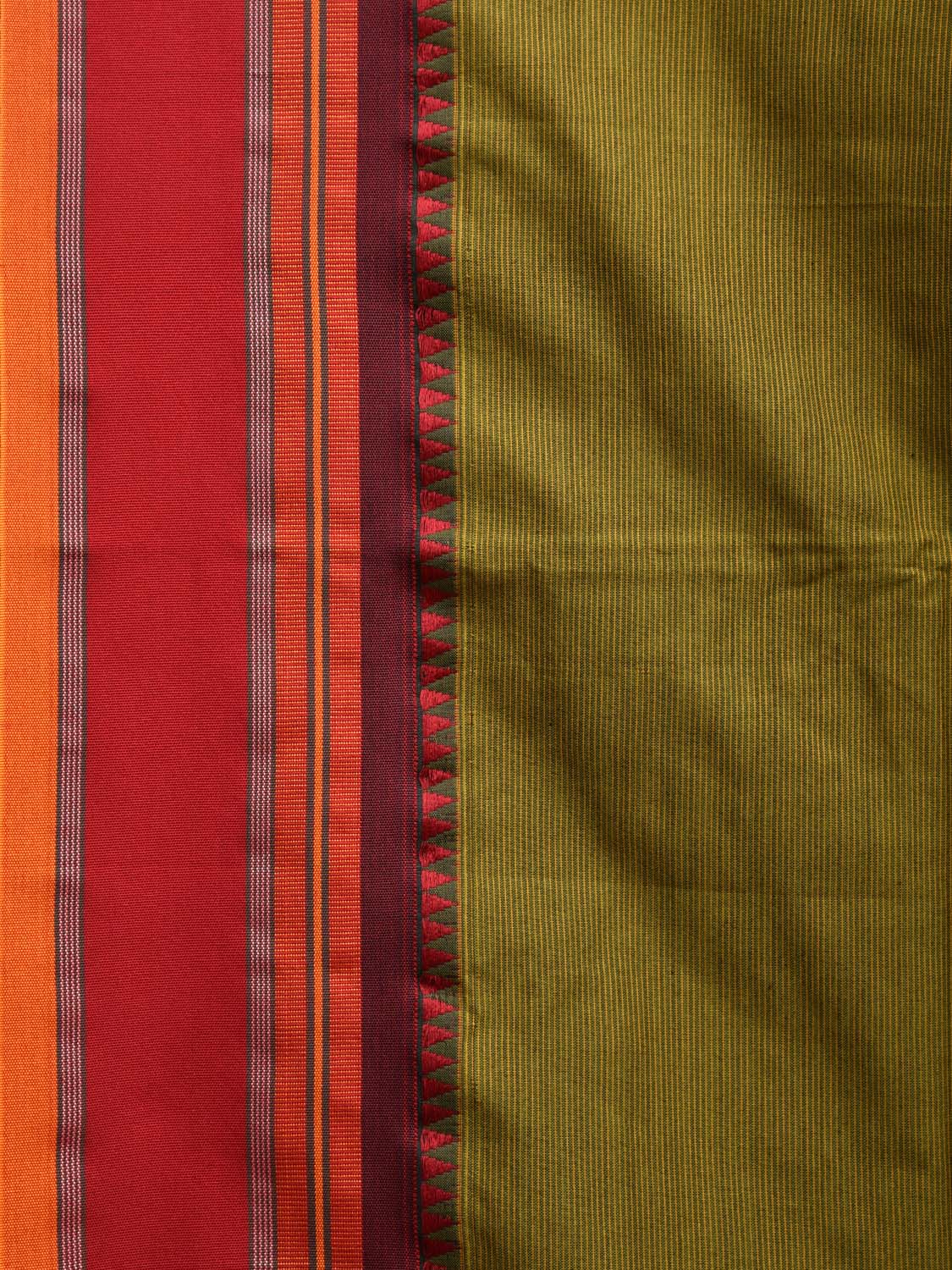 Green and Red Poly Cotton Saree with Strips Body and Pallu Design o0487