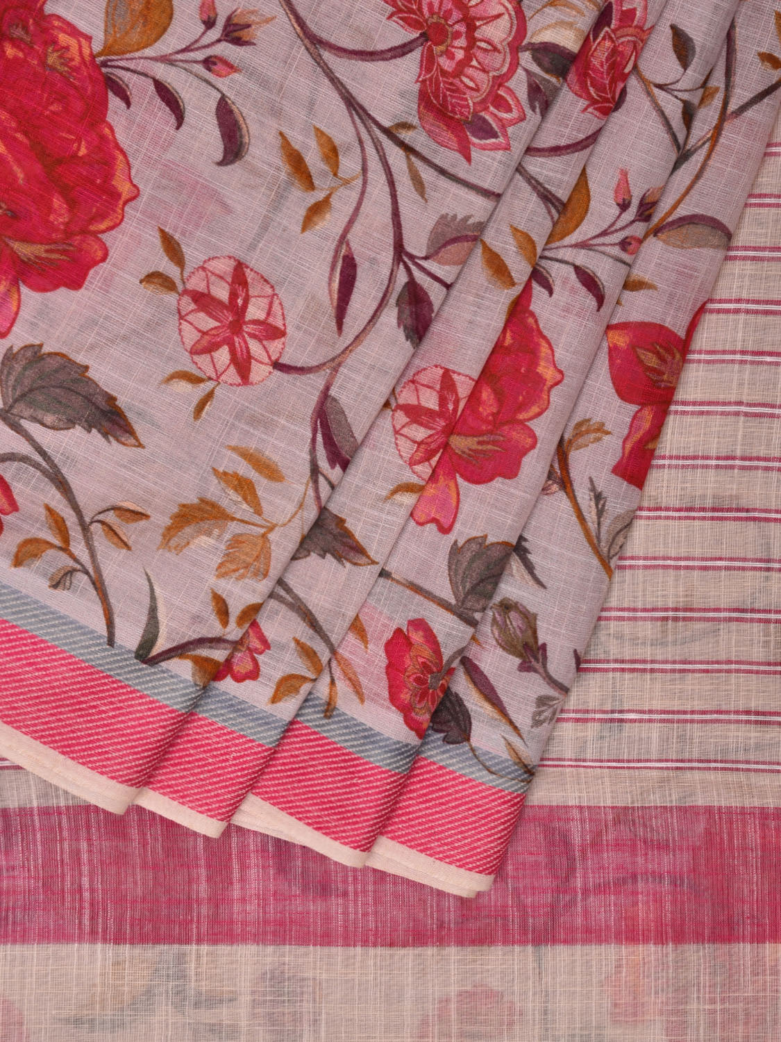 White and Pink Venkatagiri Cotton Saree with Floral Digital Print Design o0502