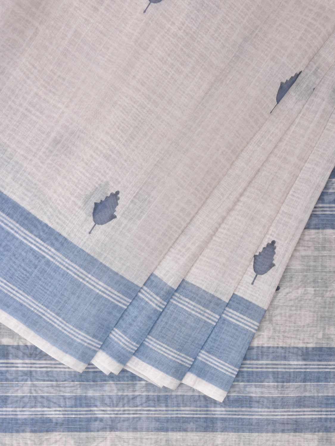 White and Blue Venkatagiri Cotton Saree with Leaf Buta Digital Print Design o0503