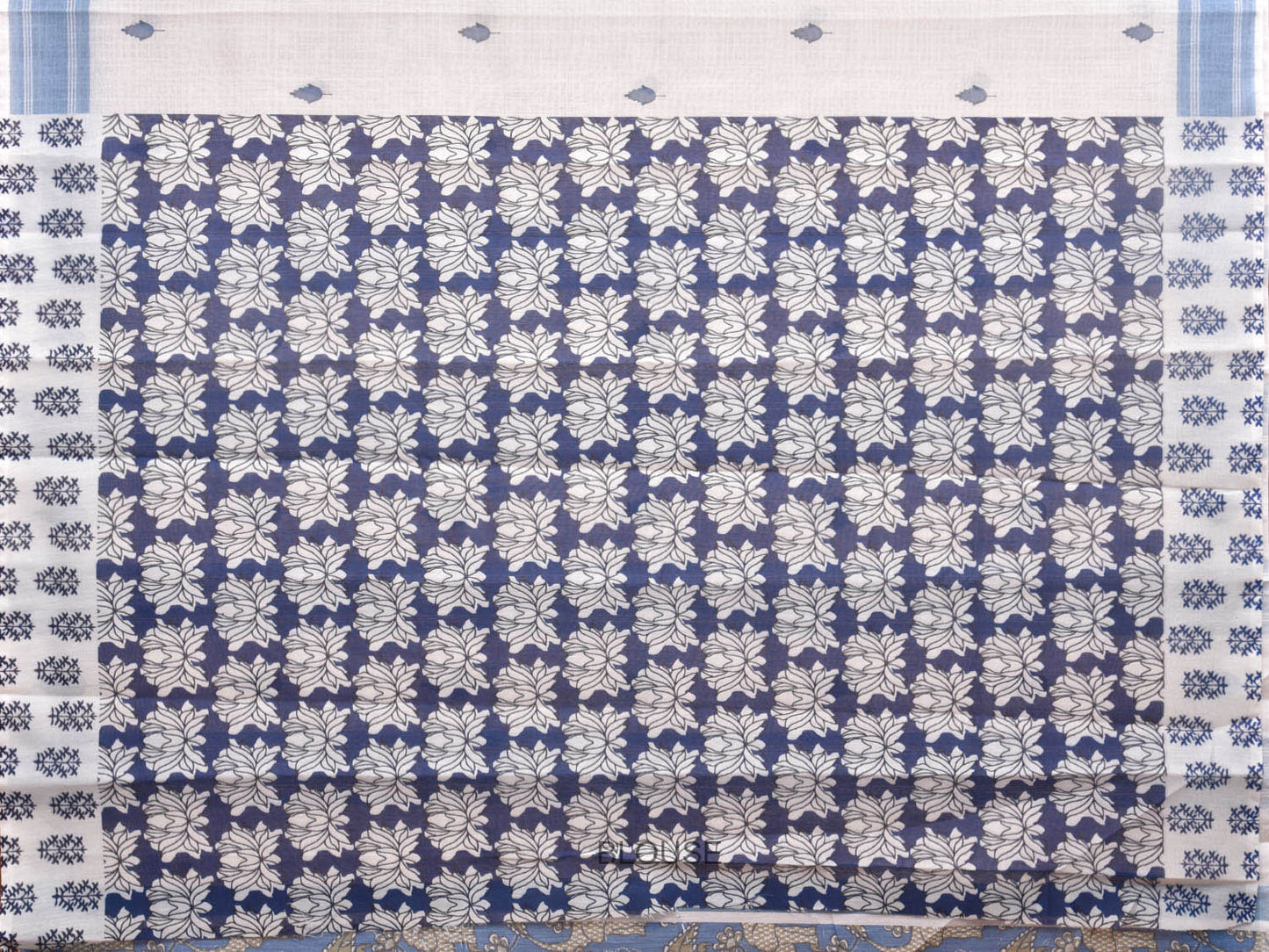 White and Blue Venkatagiri Cotton Saree with Leaf Buta Digital Print Design o0503