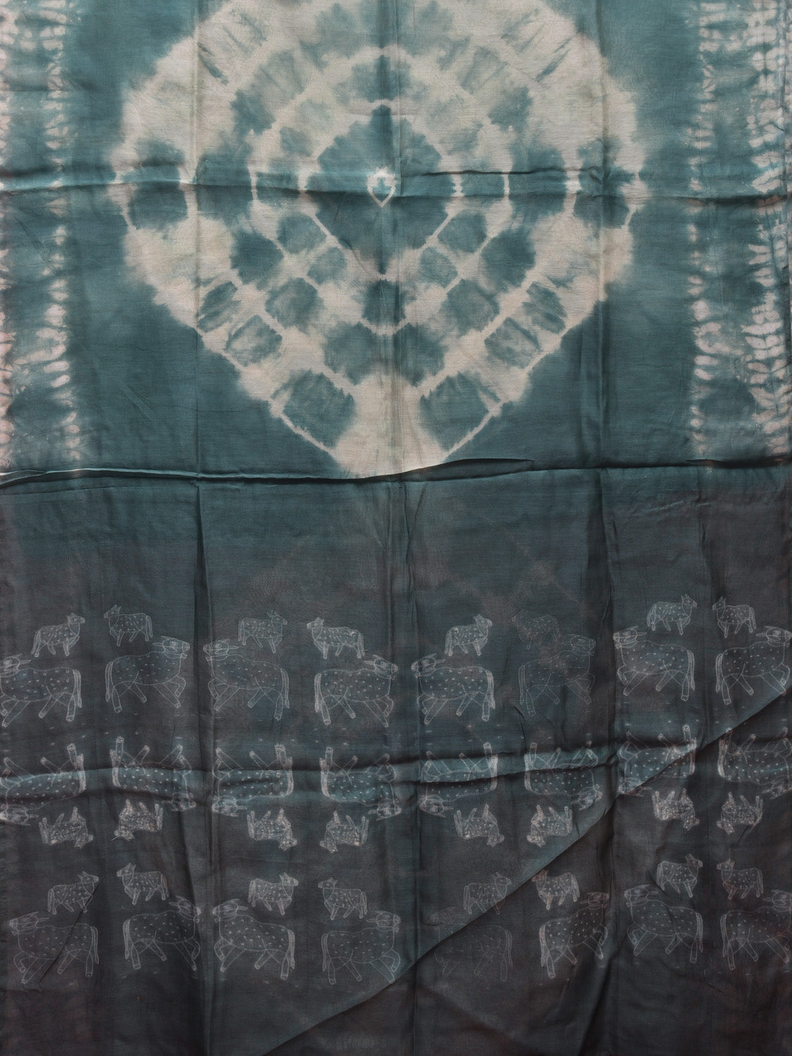 Turquoise Shibori Cotton Silk Saree with Big Circle Body and Cows Pallu Design No Blouse o0512