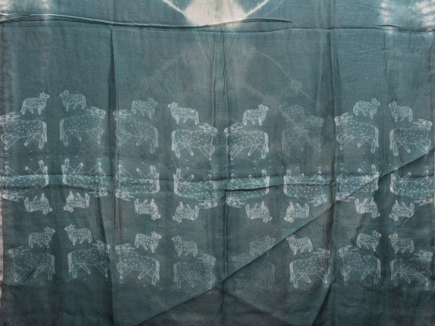 Turquoise Shibori Cotton Silk Saree with Big Circle Body and Cows Pallu Design No Blouse o0512