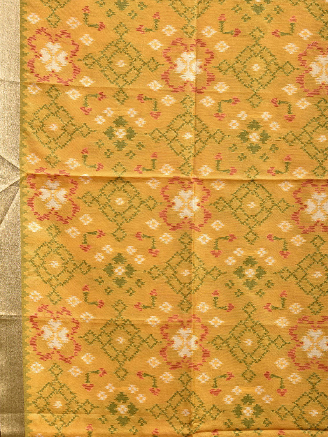 Yellow and Green Ikat Jacquard Viscose Silk Saree with All Over Design o0514