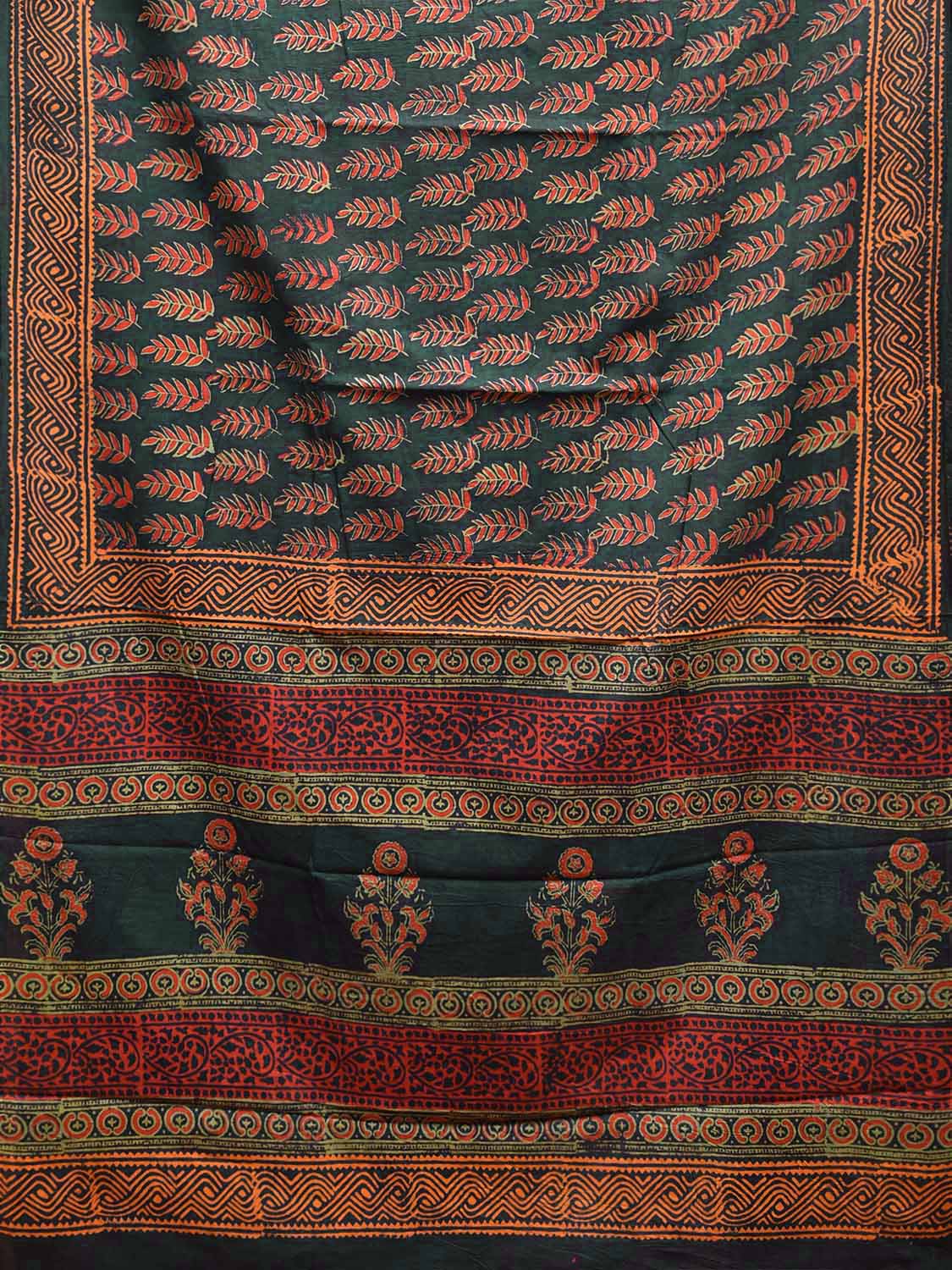 Teal Block Print Cotton Saree with Leaves Body and Pallu Design o0591