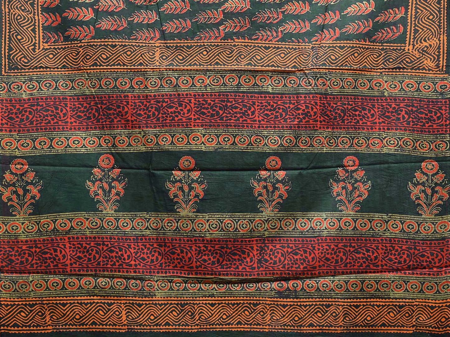 Teal Block Print Cotton Saree with Leaves Body and Pallu Design o0591