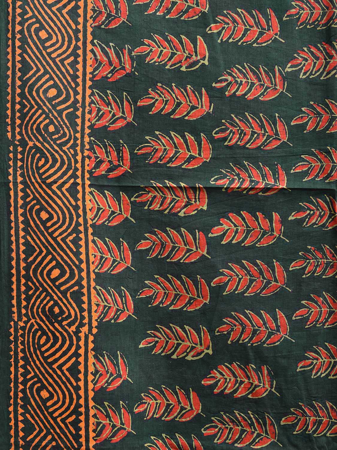 Teal Block Print Cotton Saree with Leaves Body and Pallu Design o0591