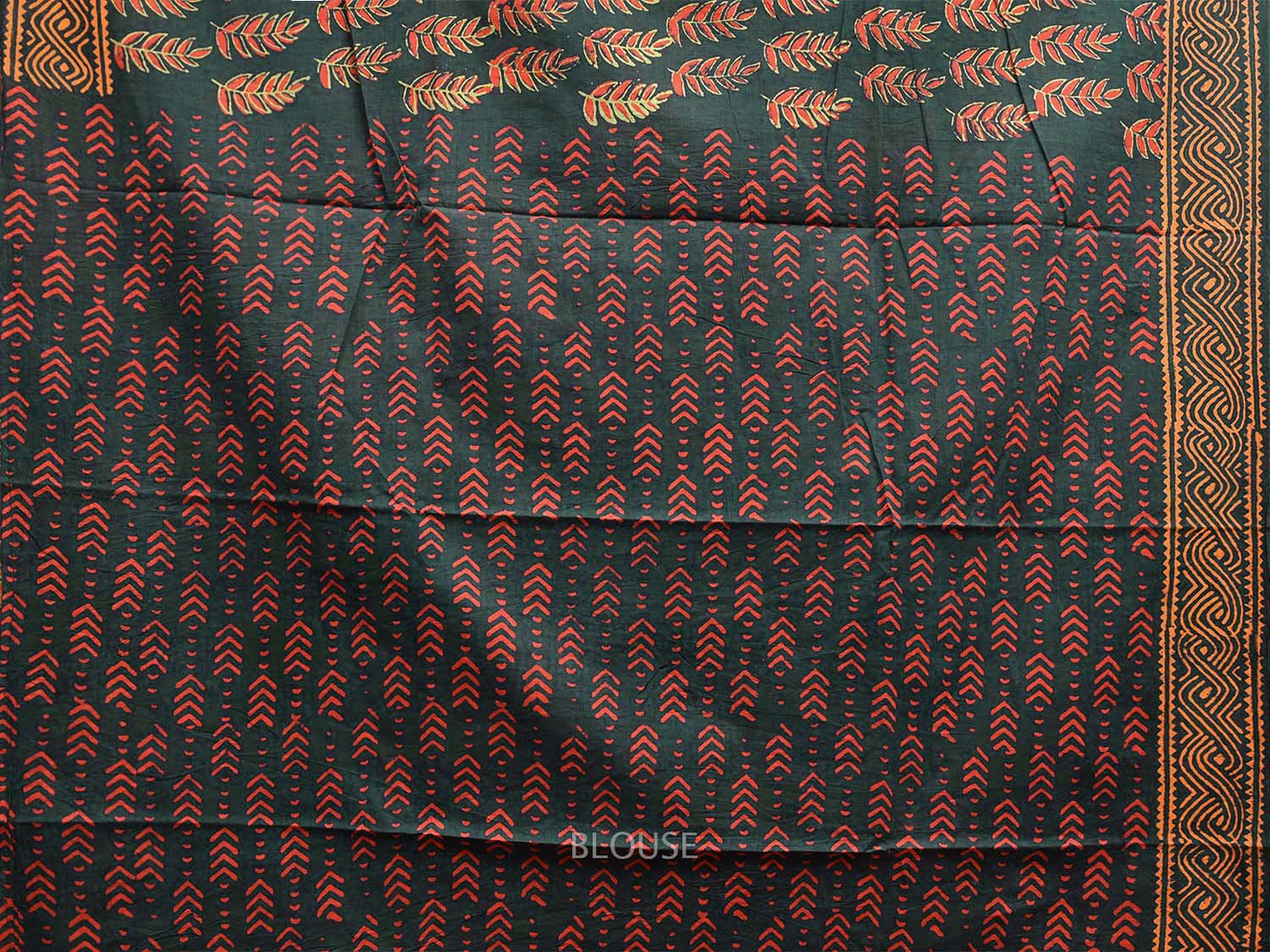 Teal Block Print Cotton Saree with Leaves Body and Pallu Design o0591