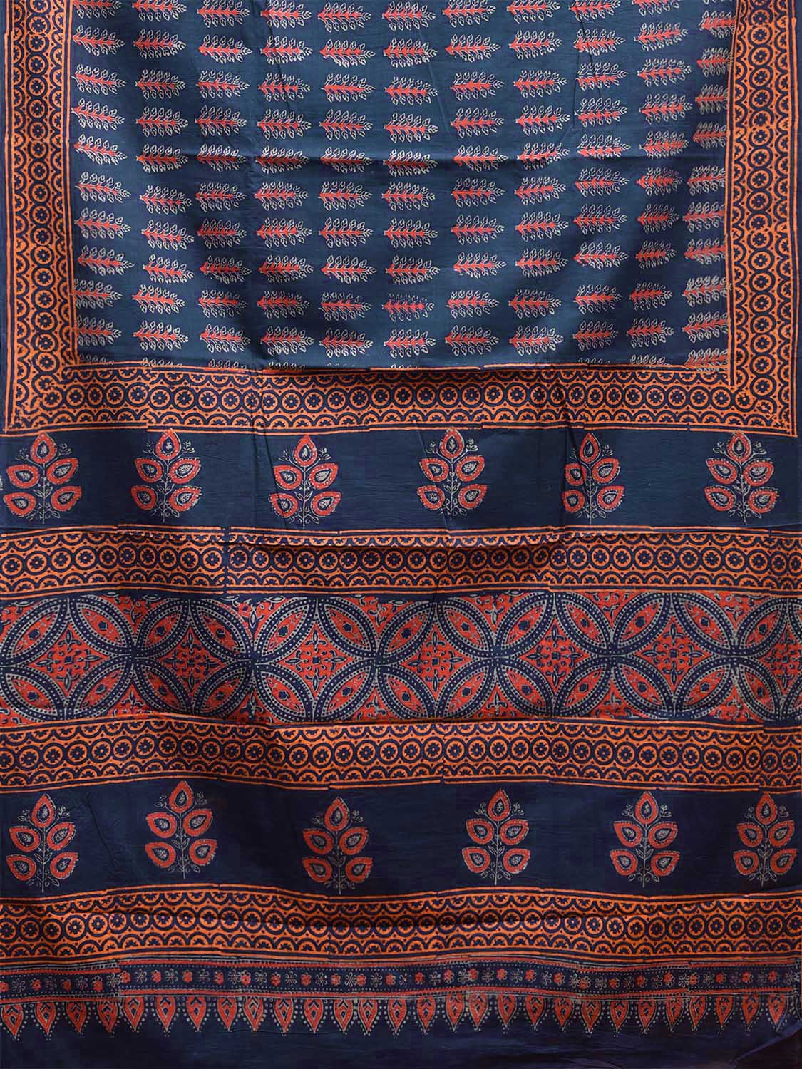 Bule and Orange Block Print Cotton Saree with All Over Body and Pallu Design o0593