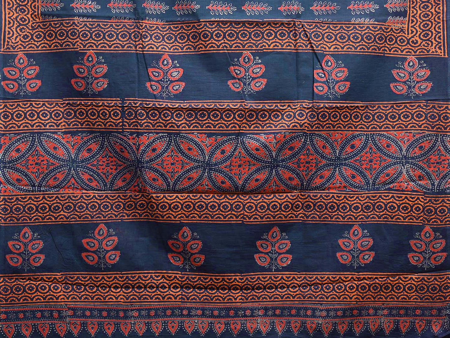 Bule and Orange Block Print Cotton Saree with All Over Body and Pallu Design o0593