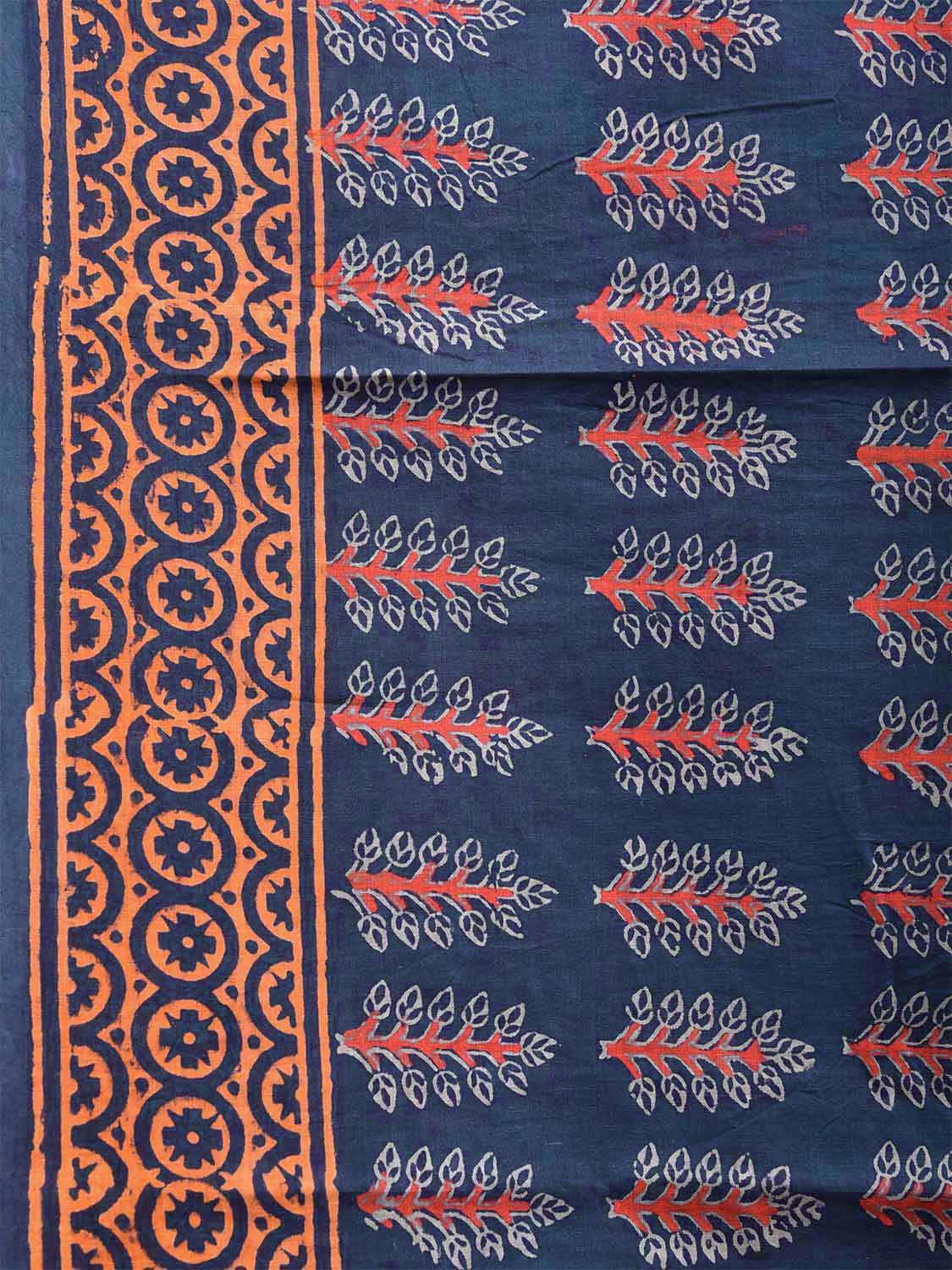 Bule and Orange Block Print Cotton Saree with All Over Body and Pallu Design o0593