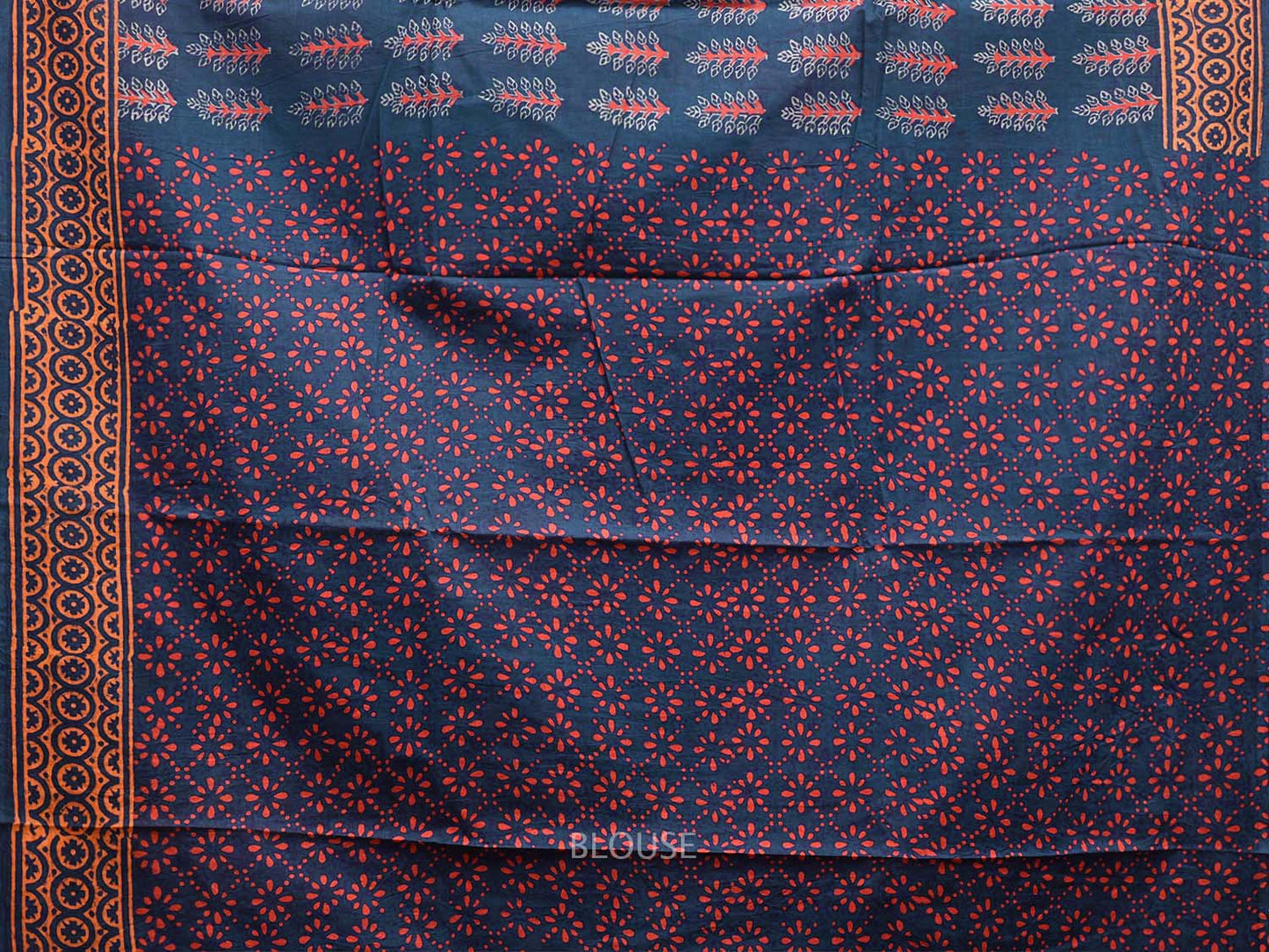 Bule and Orange Block Print Cotton Saree with All Over Body and Pallu Design o0593