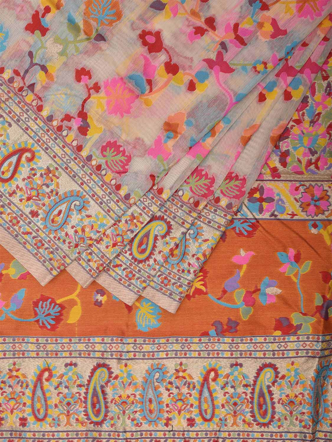 White Jacquard Cut Work Kashmiri Pashmina Design on Soft Modal Silk o0594
