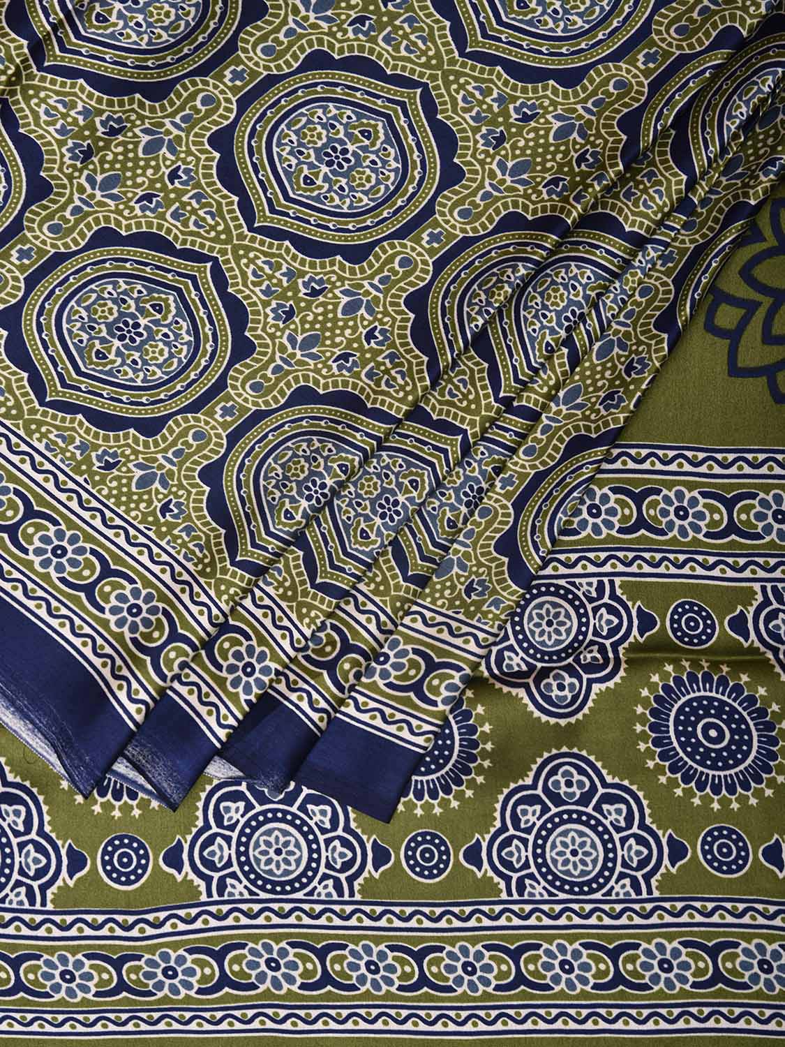 Olive and Blue Ajrak Digital Print Satin Silk Saree with Circles and Pallu Design o0611