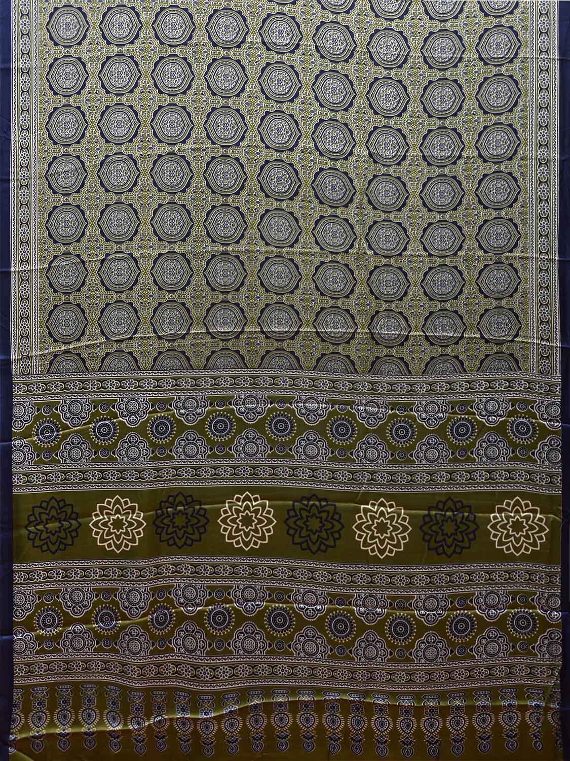 Olive and Blue Ajrak Digital Print Satin Silk Saree with Circles and Pallu Design o0611