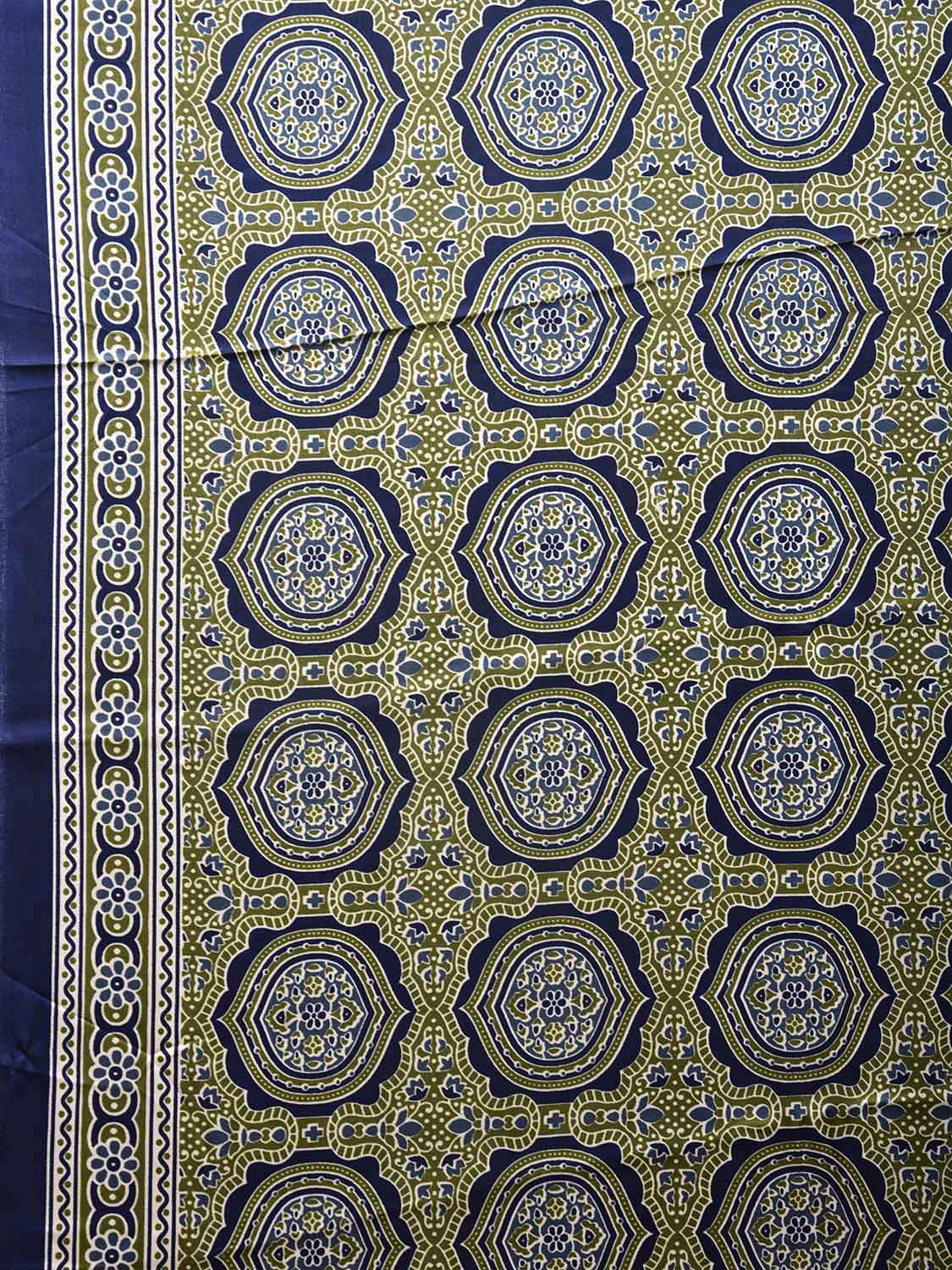 Olive and Blue Ajrak Digital Print Satin Silk Saree with Circles and Pallu Design o0611