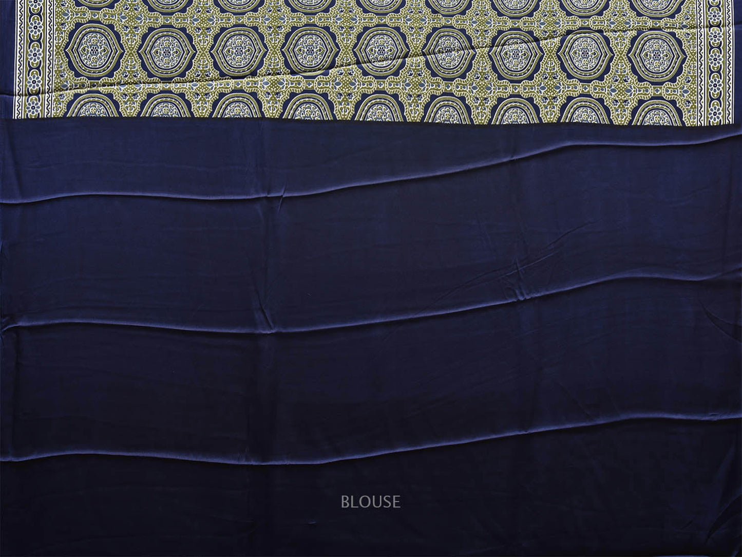 Olive and Blue Ajrak Digital Print Satin Silk Saree with Circles and Pallu Design o0611