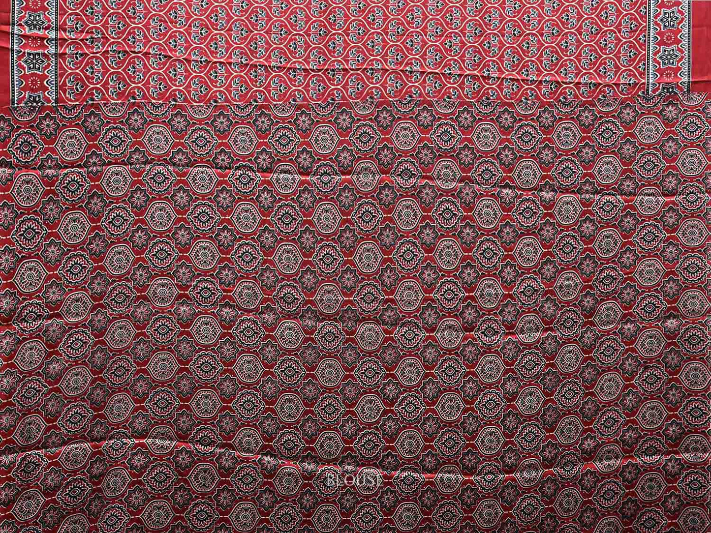 Red Ajrak Digital Print Satin Silk Saree with Grill and Pallu Design o0612