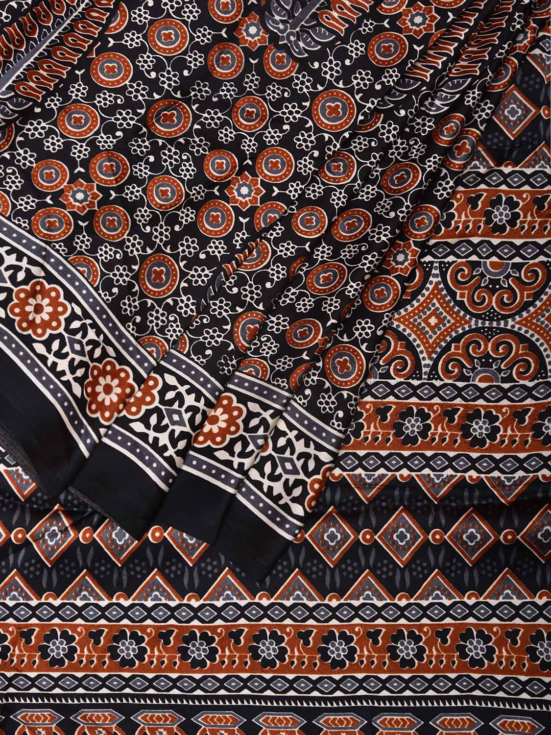 Black and Rust Ajrak Digital Print Satin Silk Saree with Leafs and Pallu Design o0613