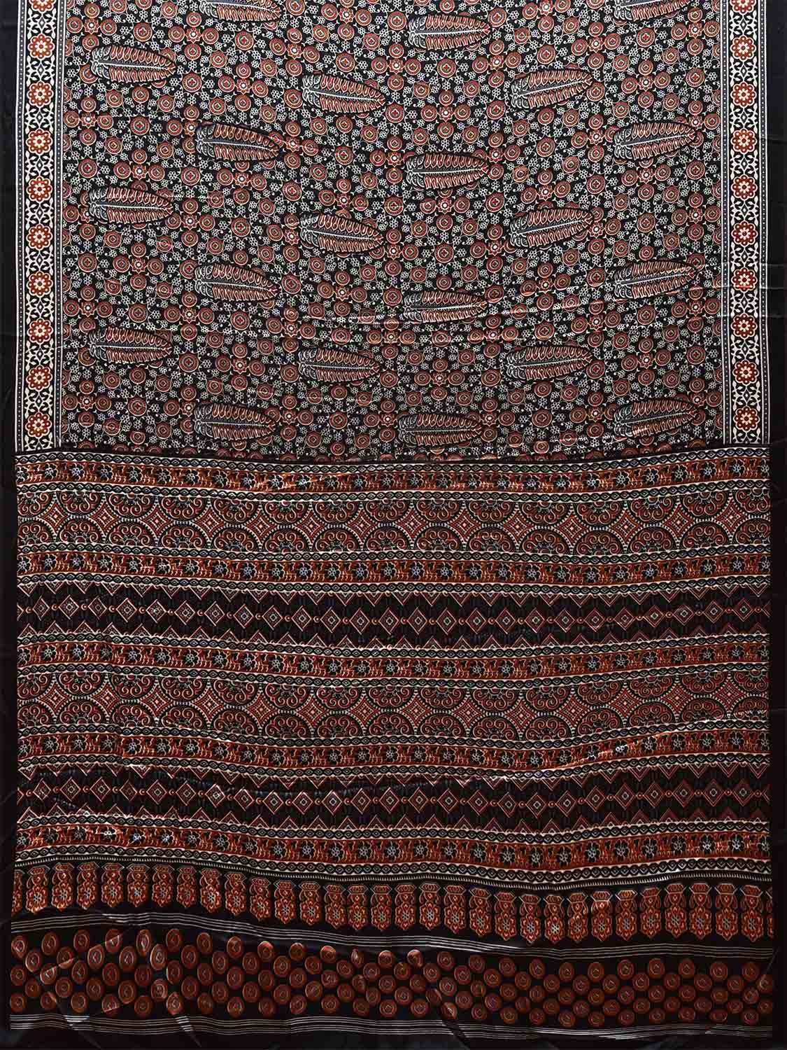 Black and Rust Ajrak Digital Print Satin Silk Saree with Leafs and Pallu Design o0613