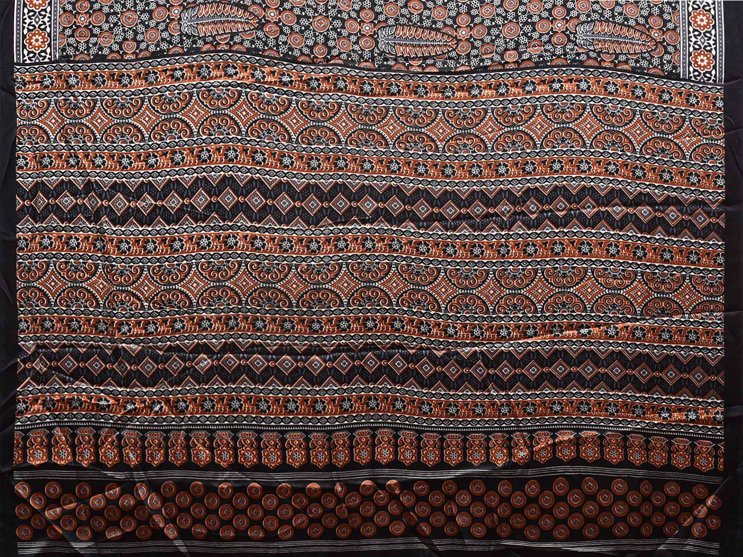 Black and Rust Ajrak Digital Print Satin Silk Saree with Leafs and Pallu Design o0613