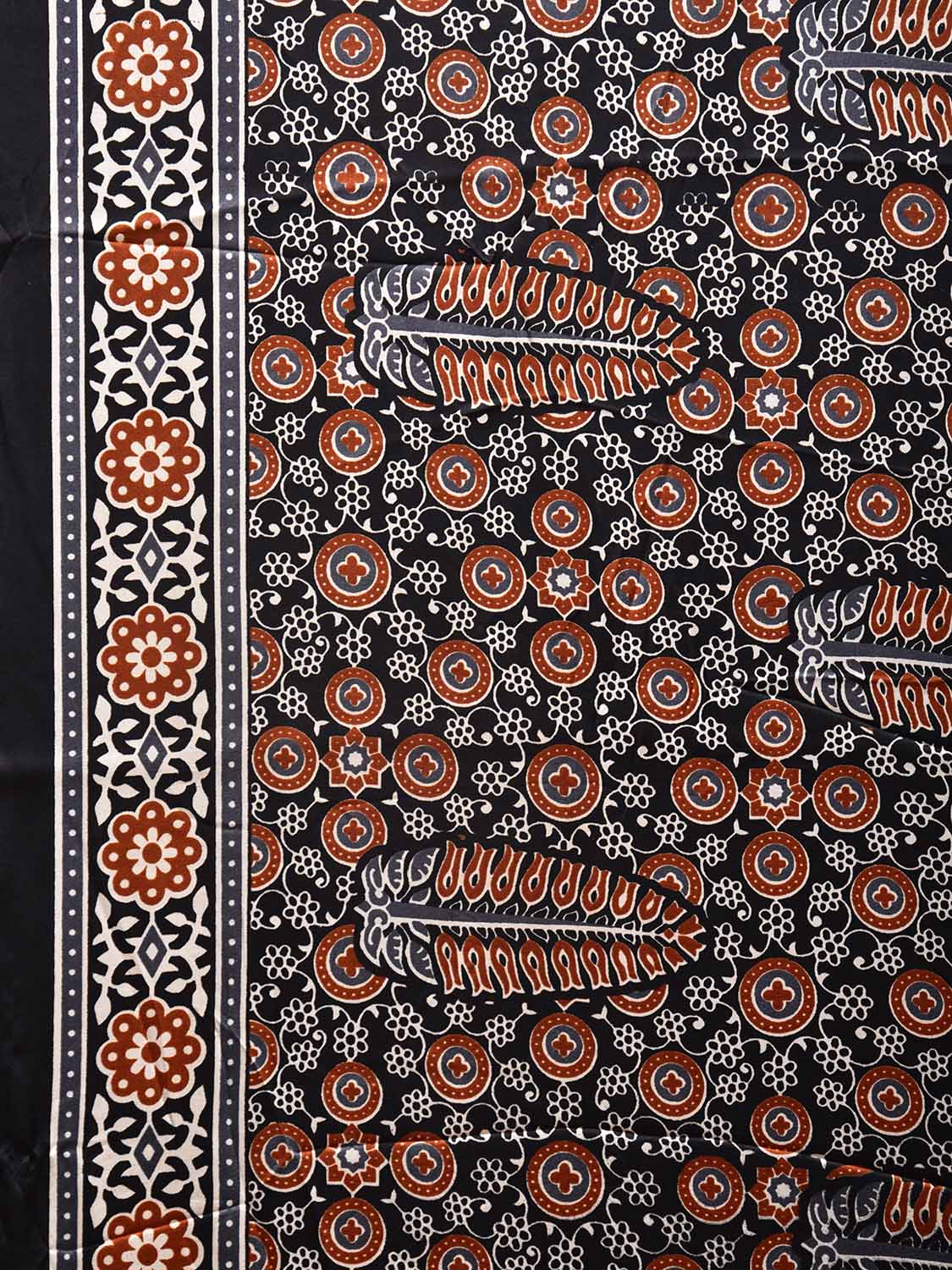 Black and Rust Ajrak Digital Print Satin Silk Saree with Leafs and Pallu Design o0613