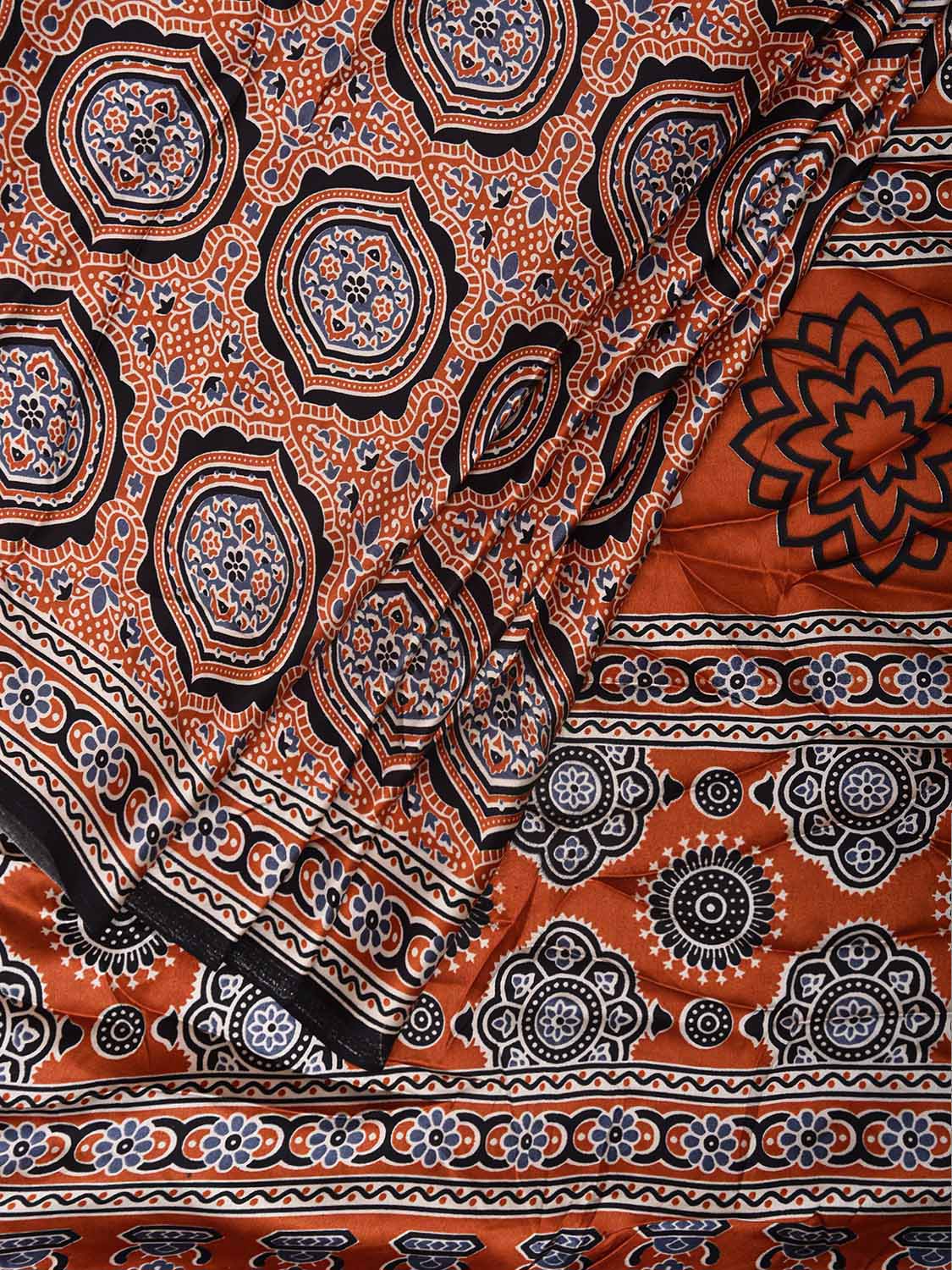 Orange and Black Ajrak Digital Print Satin Silk Saree with Circles and Pallu Design o0614
