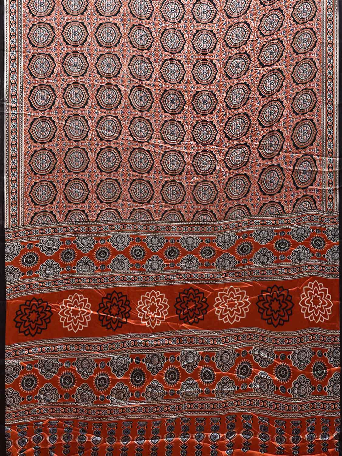 Orange and Black Ajrak Digital Print Satin Silk Saree with Circles and Pallu Design o0614