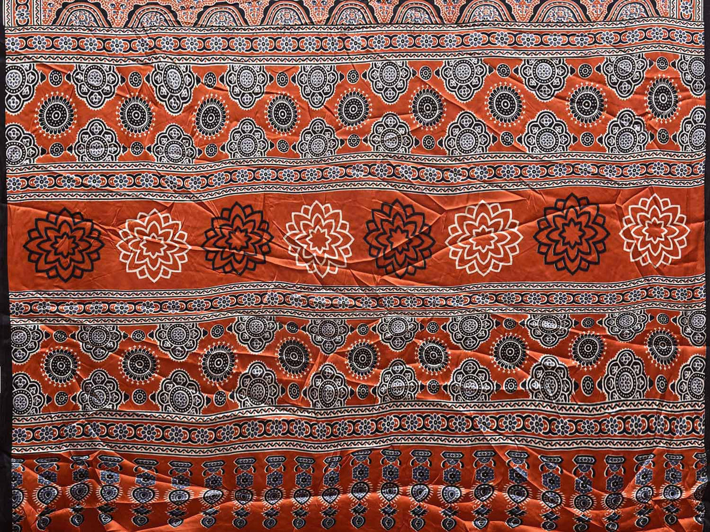 Orange and Black Ajrak Digital Print Satin Silk Saree with Circles and Pallu Design o0614