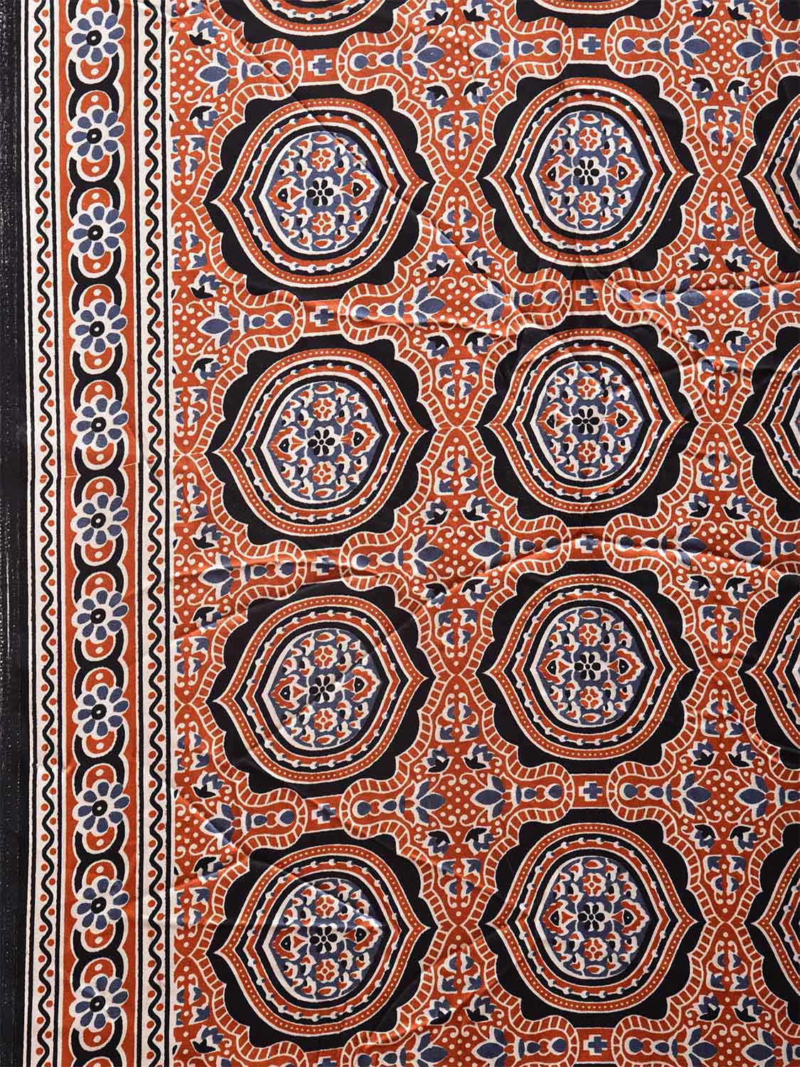Orange and Black Ajrak Digital Print Satin Silk Saree with Circles and Pallu Design o0614