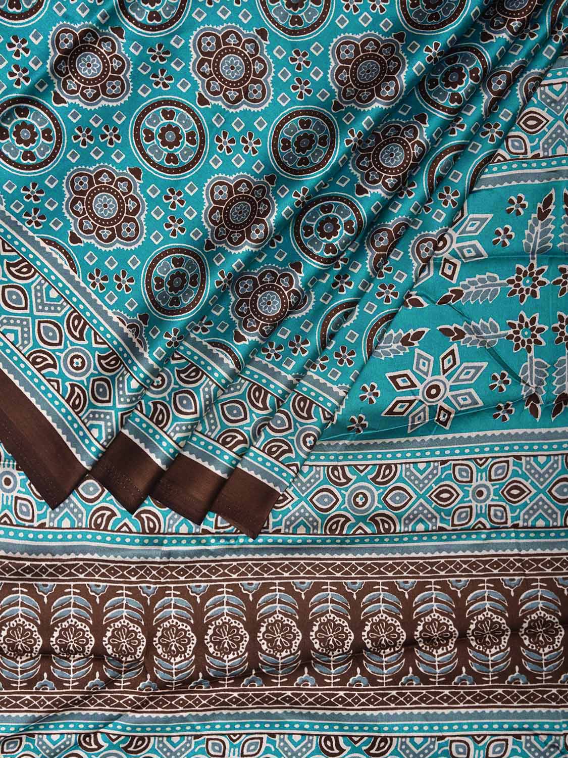 Turquoise and Brown Ajrak Digital Print Satin Silk Saree with Circles Buta and Pallu Design o0615