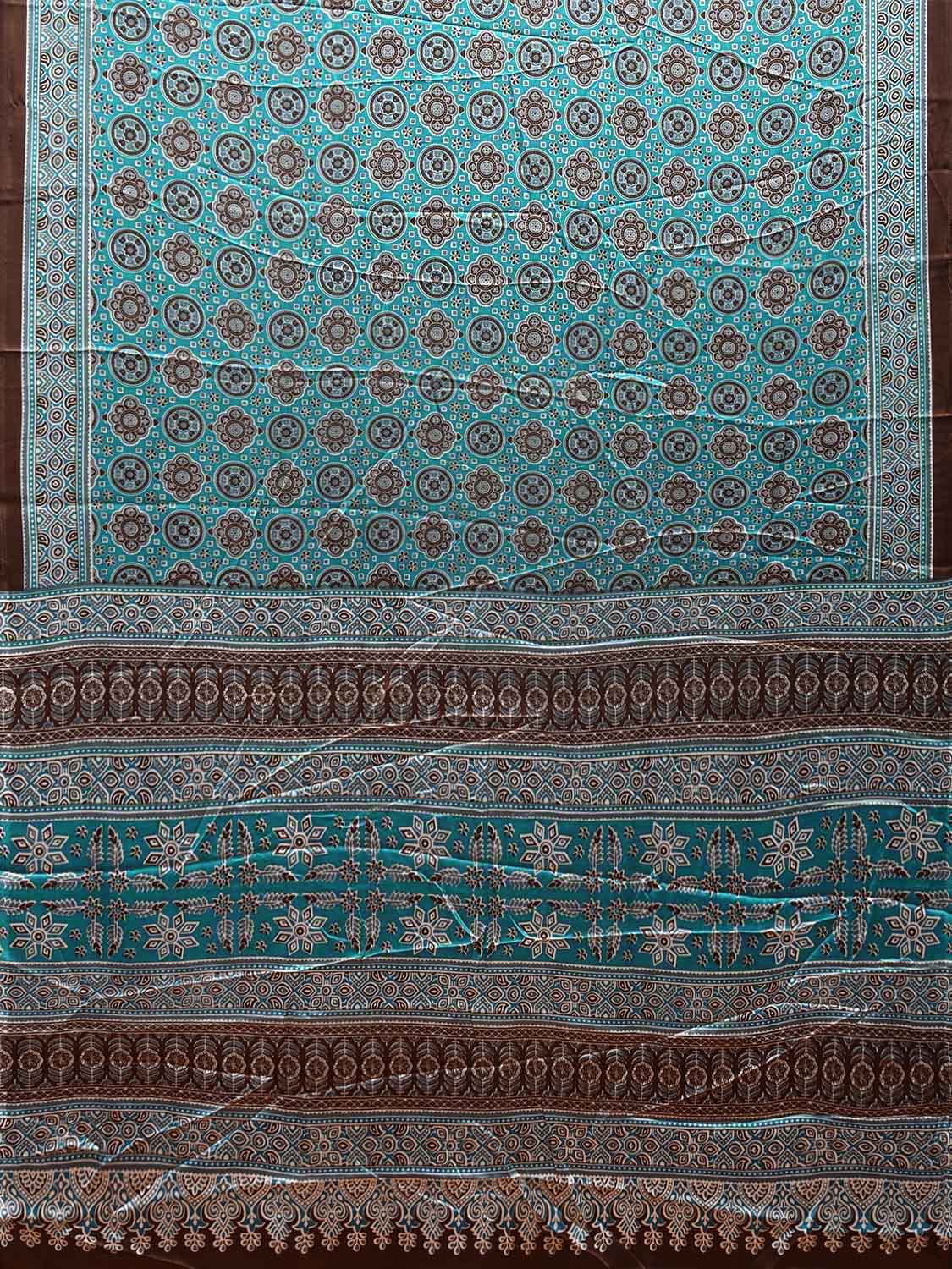 Turquoise and Brown Ajrak Digital Print Satin Silk Saree with Circles Buta and Pallu Design o0615