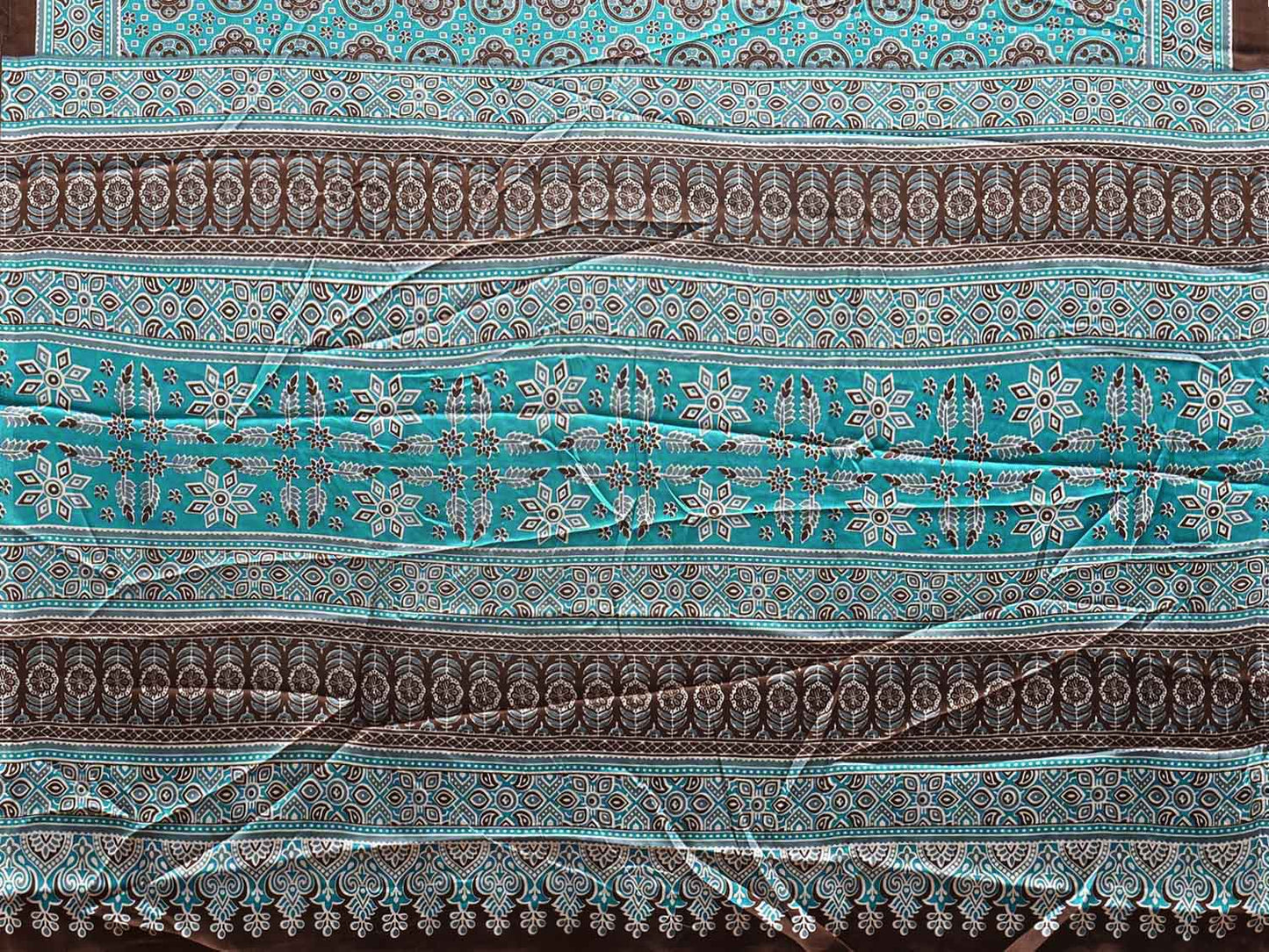 Turquoise and Brown Ajrak Digital Print Satin Silk Saree with Circles Buta and Pallu Design o0615