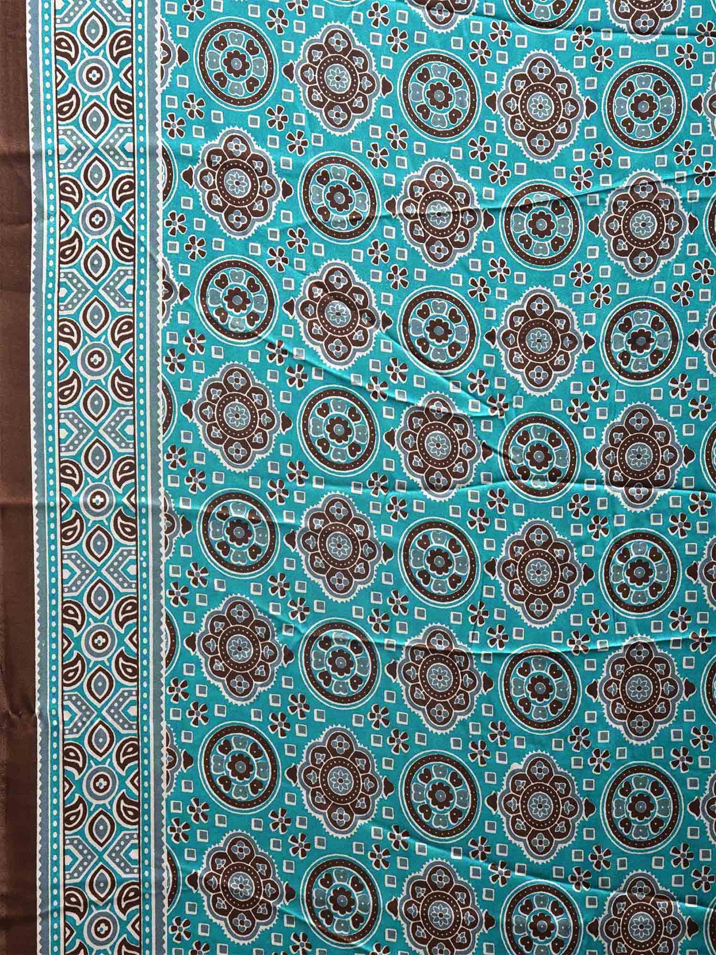 Turquoise and Brown Ajrak Digital Print Satin Silk Saree with Circles Buta and Pallu Design o0615
