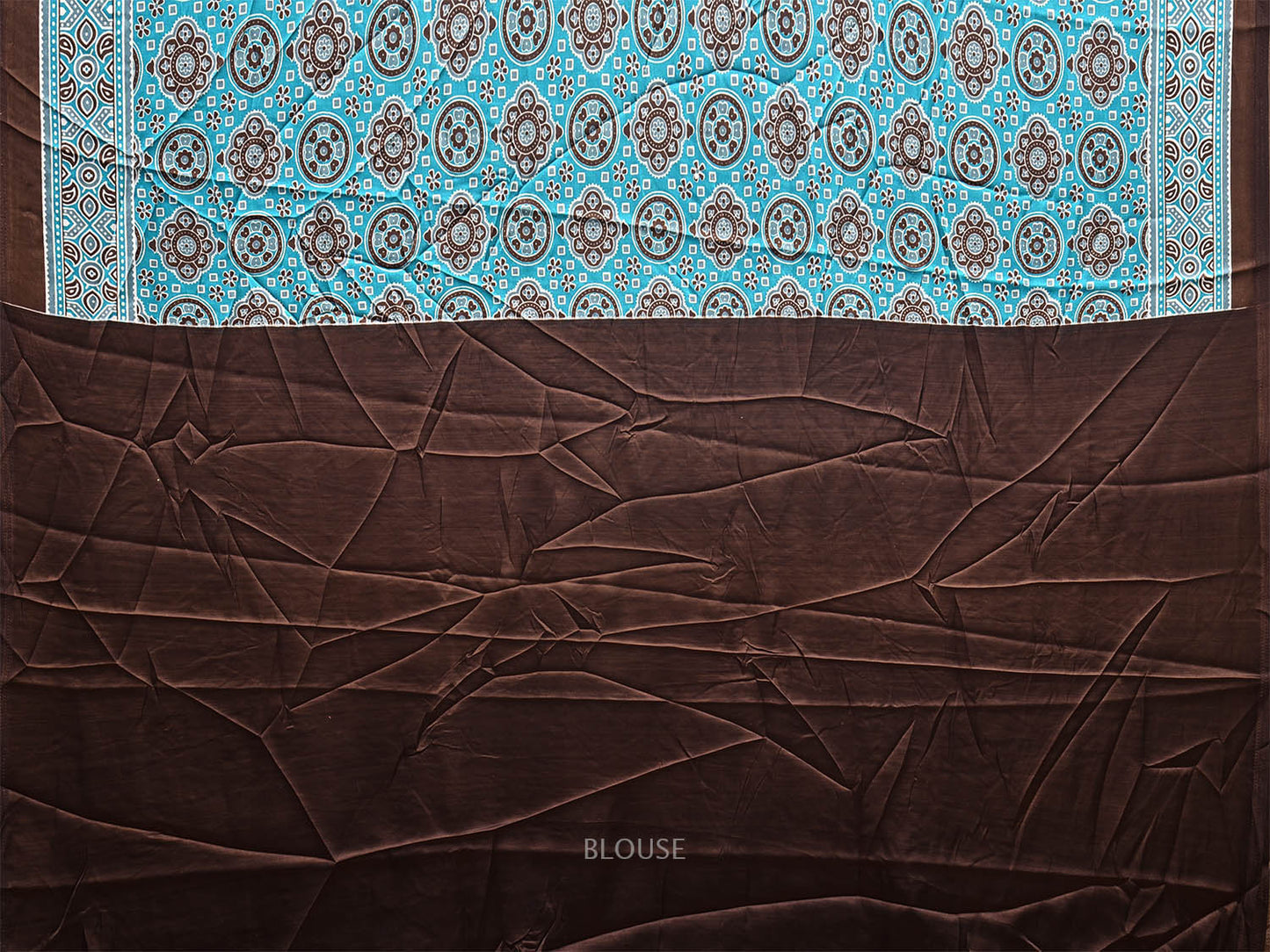 Turquoise and Brown Ajrak Digital Print Satin Silk Saree with Circles Buta and Pallu Design o0615