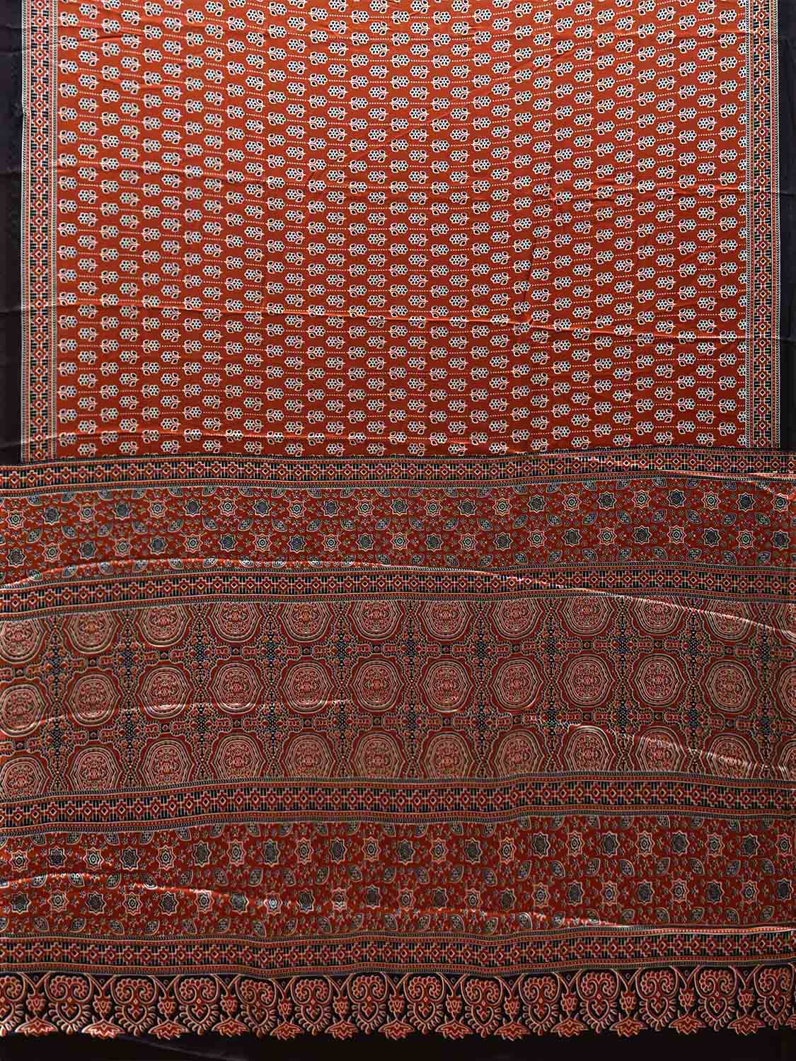 Rust and Black Ajrak Digital Print Satin Silk Saree with Floral Buta and Pallu Design o0616