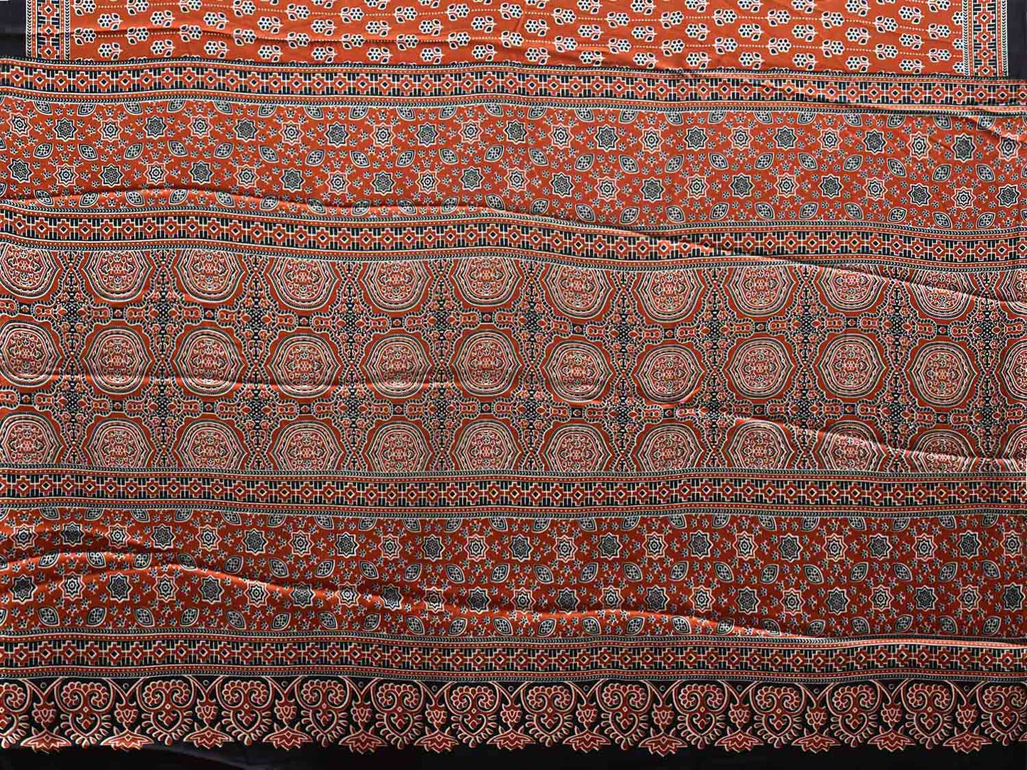 Rust and Black Ajrak Digital Print Satin Silk Saree with Floral Buta and Pallu Design o0616