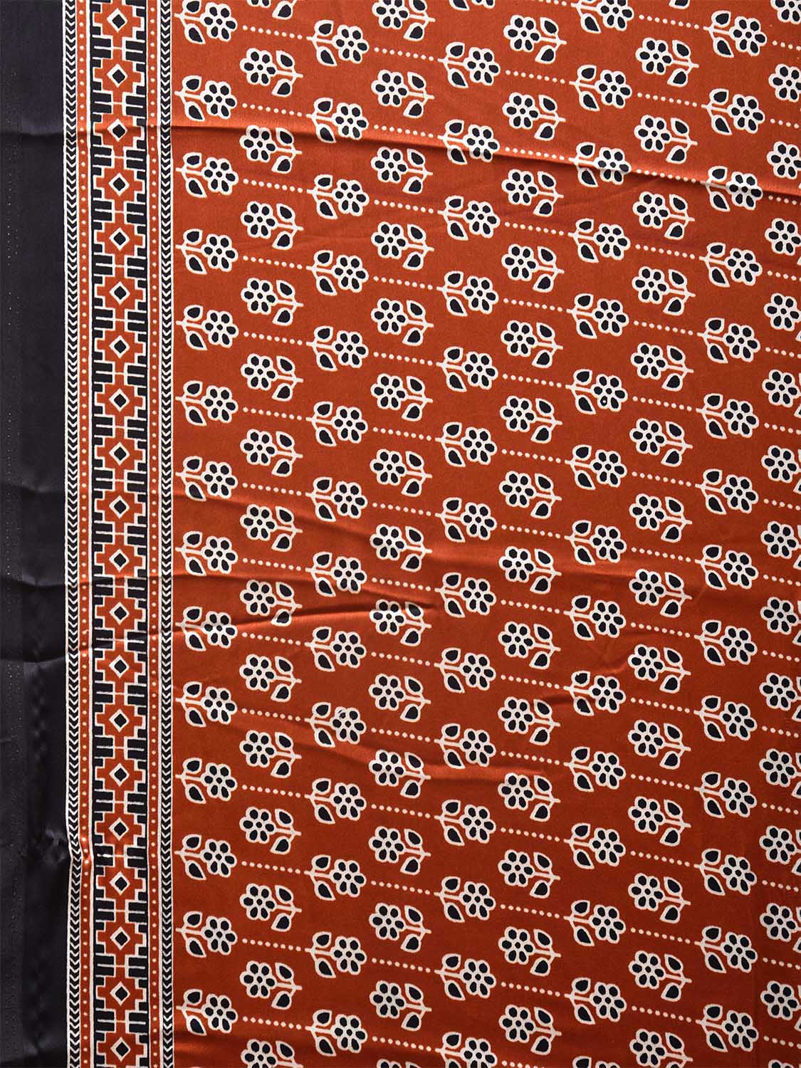 Rust and Black Ajrak Digital Print Satin Silk Saree with Floral Buta and Pallu Design o0616