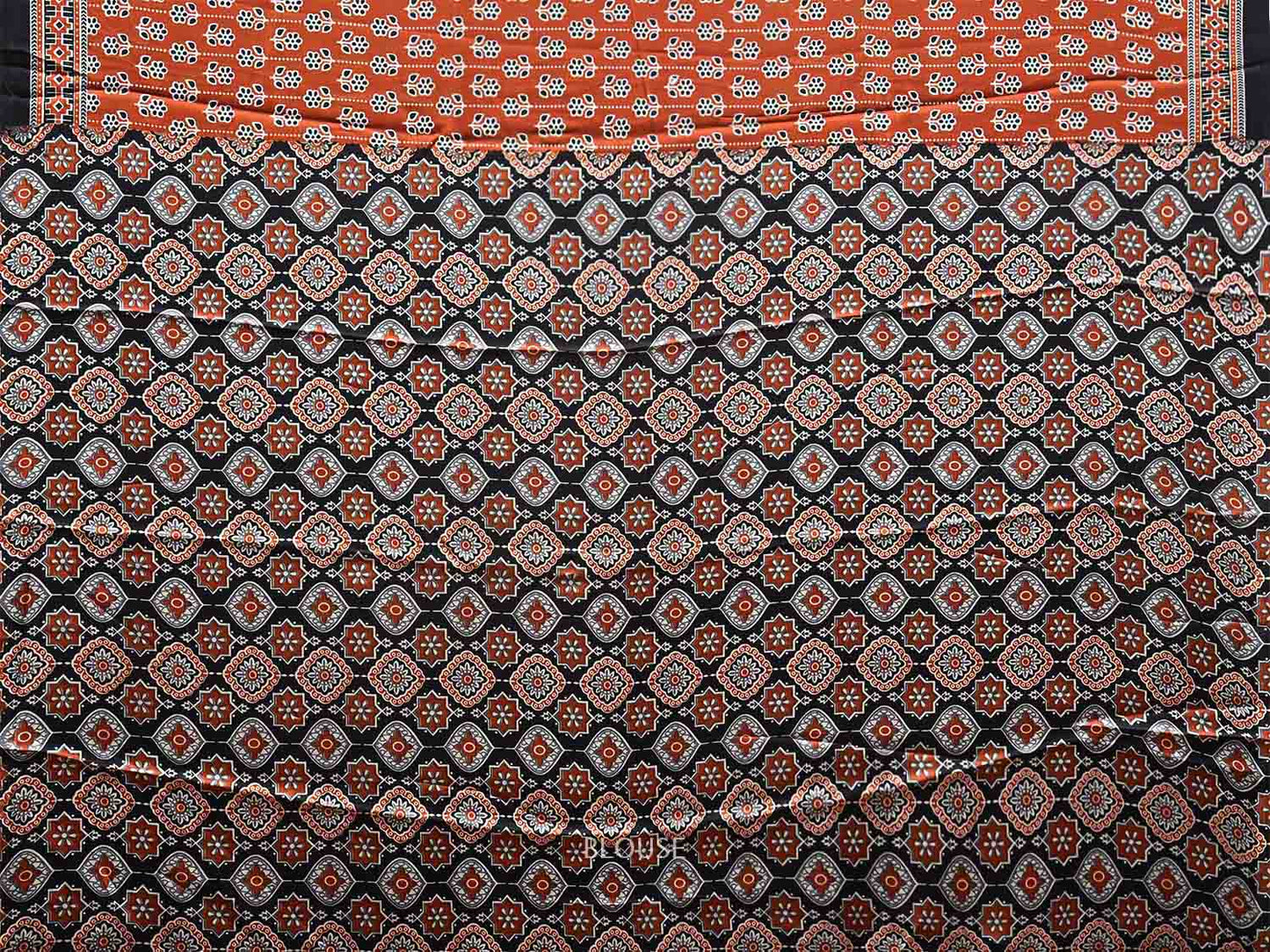 Rust and Black Ajrak Digital Print Satin Silk Saree with Floral Buta and Pallu Design o0616