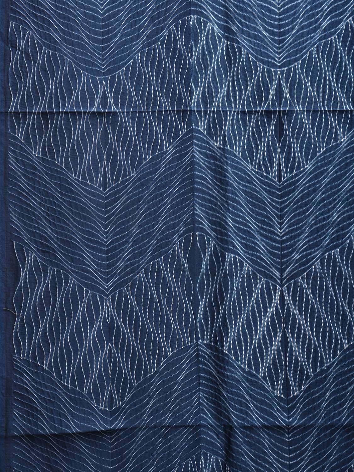 Dark Blue Shibori Cotton Silk Saree with Zig-Zag Body and Floral Pallu Design o0623