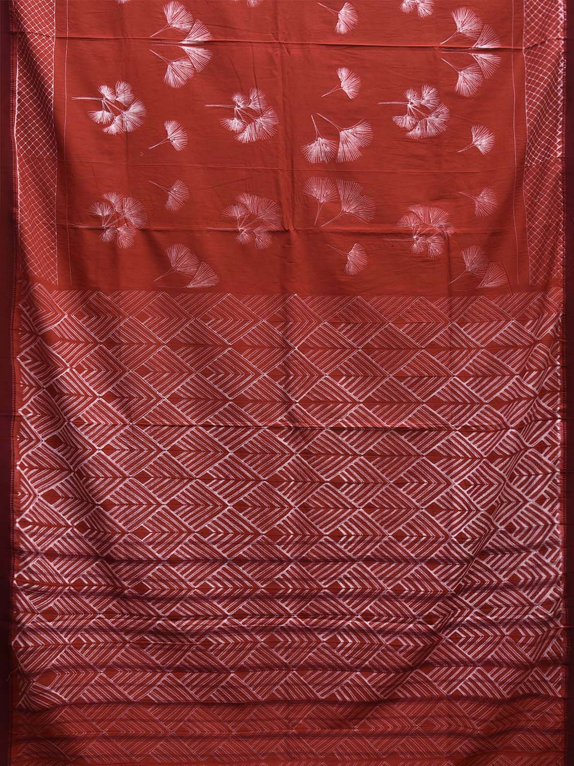 Rust Shibori Khadi Cotton Saree with Leaves Body and Geometric Pallu Design o0625