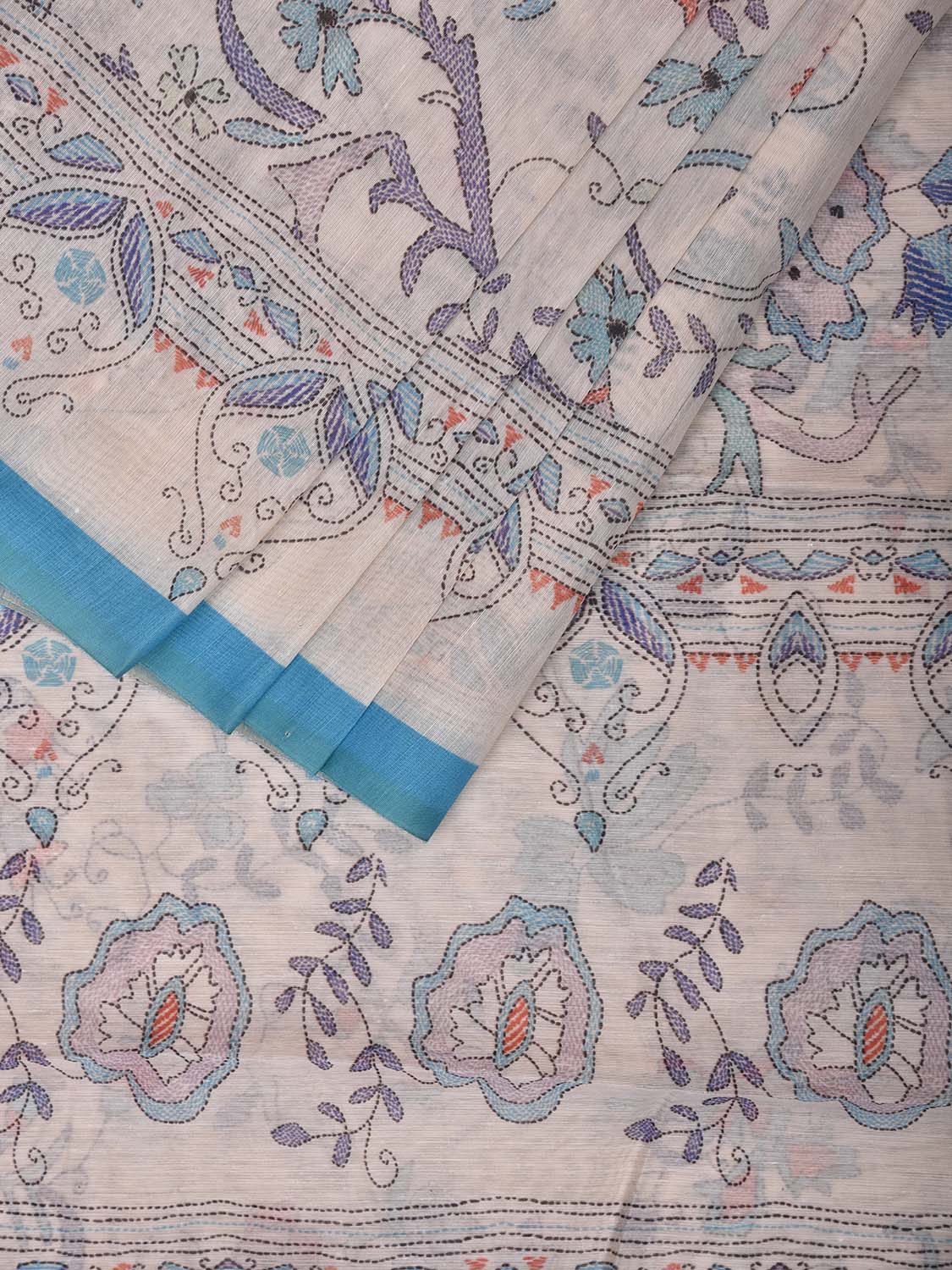 White and Blue coloured Cotton Blend Saree with Kantha Digital Print Design o0636