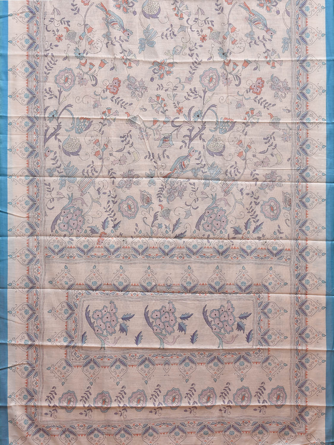 White and Blue coloured Cotton Blend Saree with Kantha Digital Print Design o0636
