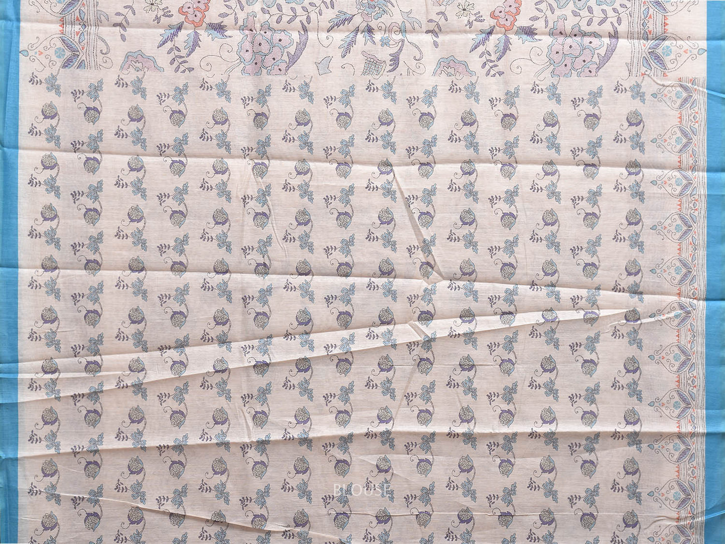 White and Blue coloured Cotton Blend Saree with Kantha Digital Print Design o0636