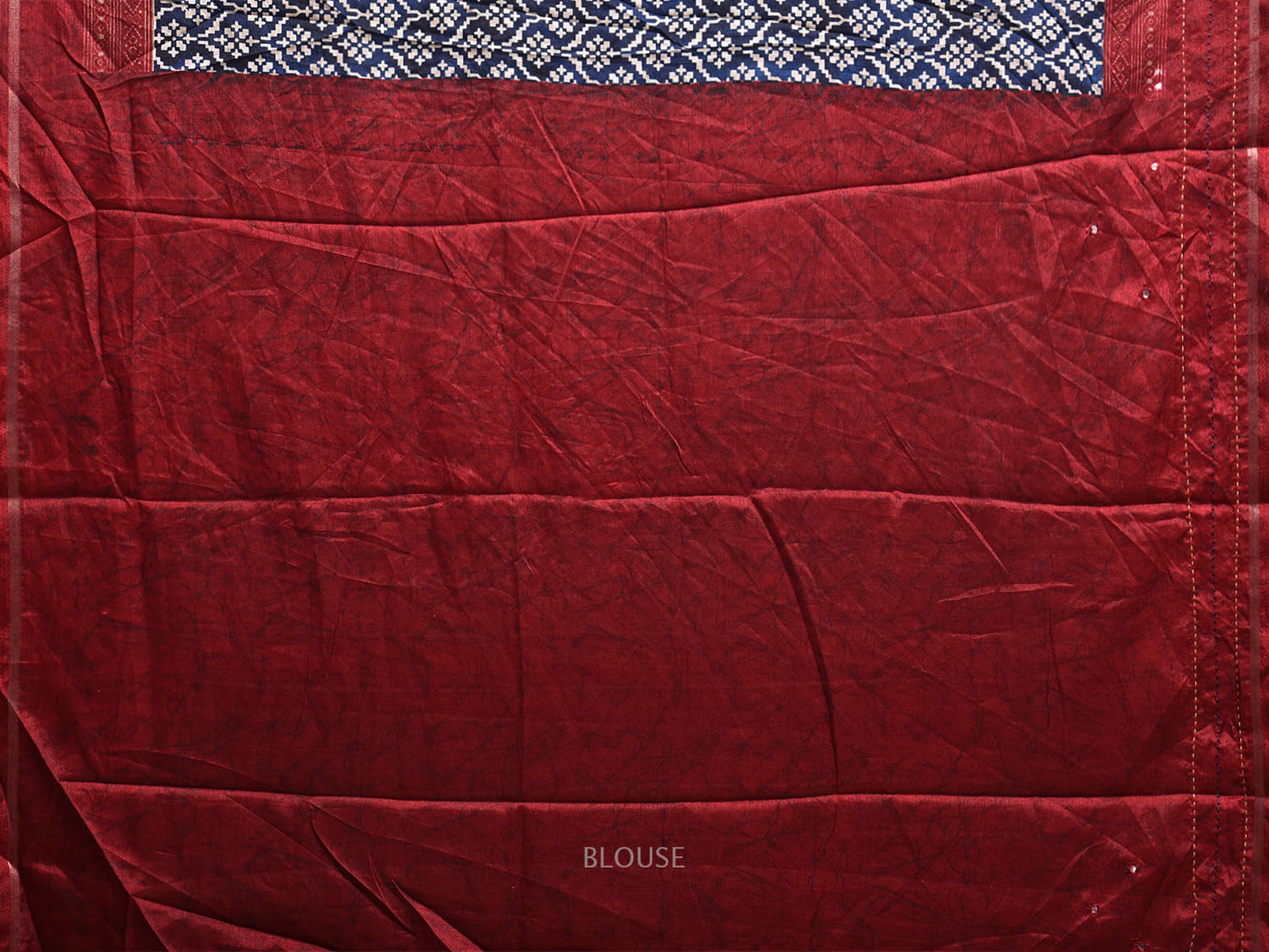 Navy and Dark Red Digital Print Saree with Ikat Print and Kantha Work Border Design o0639